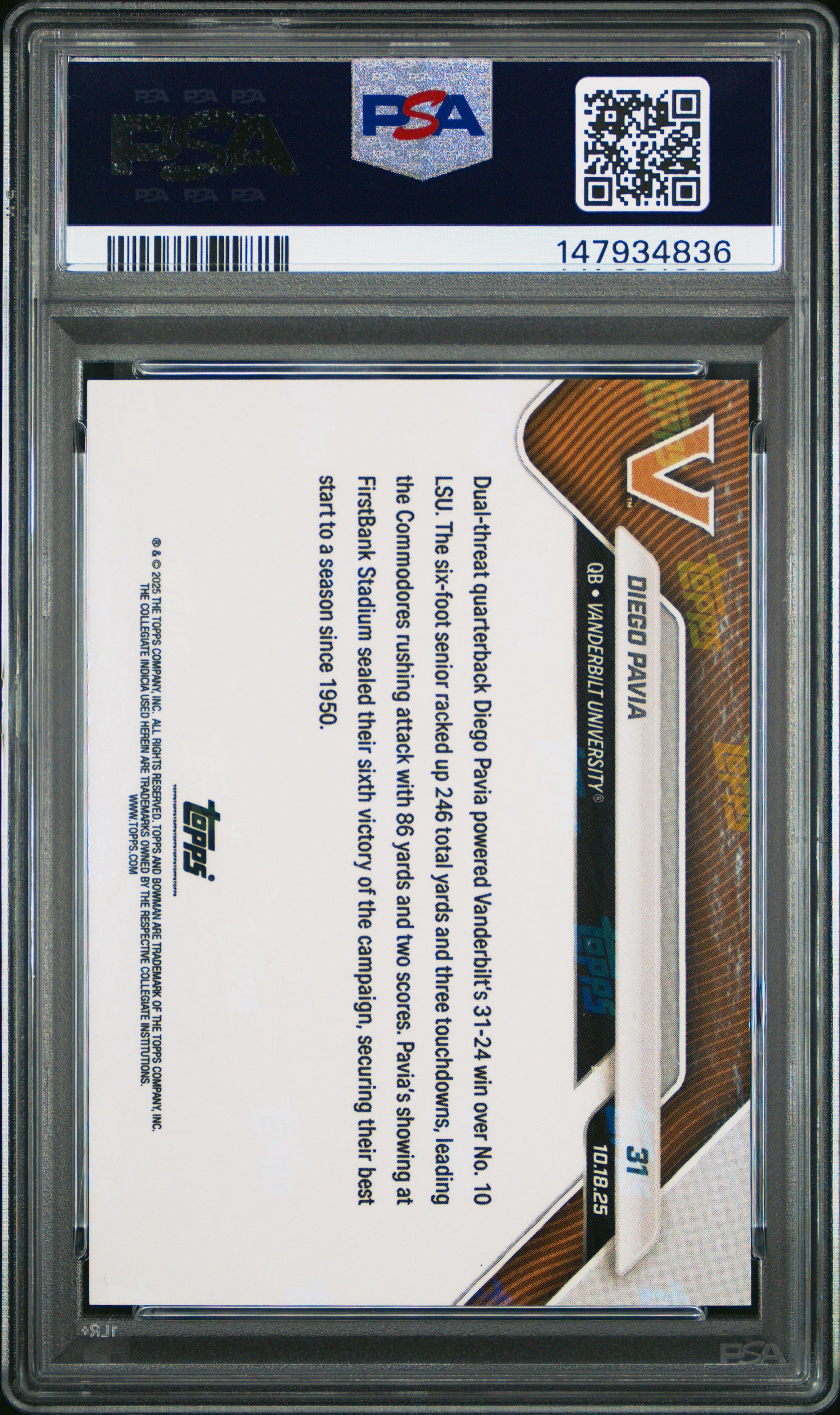 Graded 2025 Topps Bowman U Now Diego Pavia #31 Orange Foil /25 Rookie RC Football Card PSA 8 Near Mint