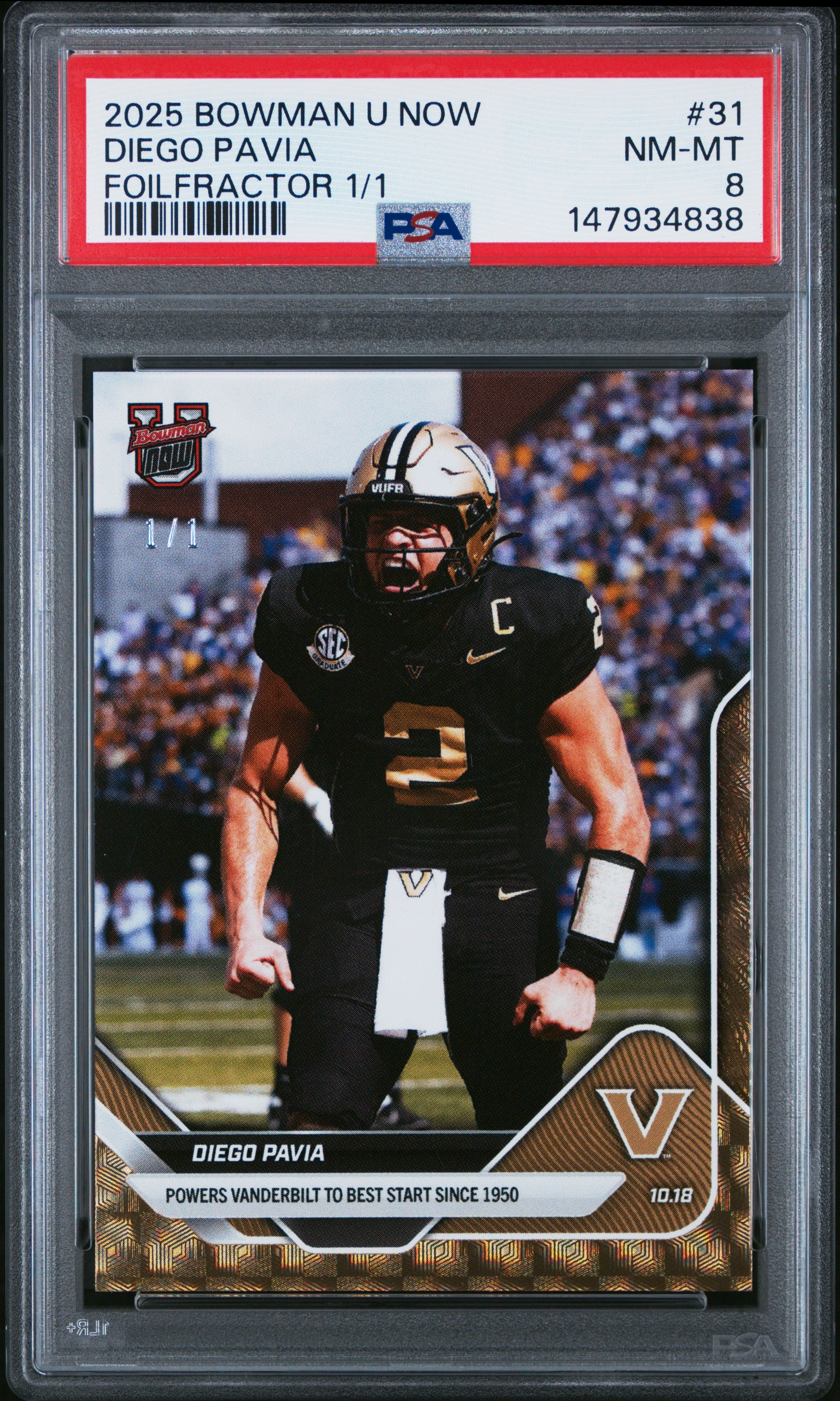 Graded 2025 Topps Bowman U Now Diego Pavia #31 FoilFractor 1/1 Rookie RC Football Card PSA 8 Near Mint