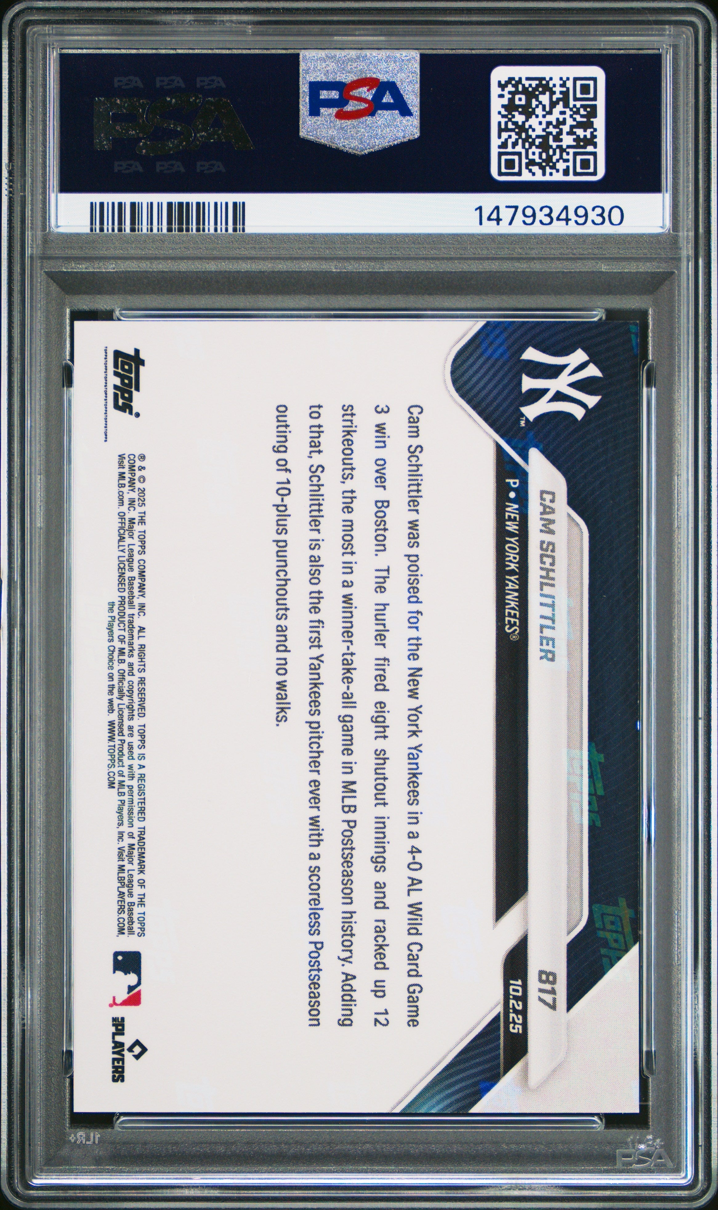 Graded 2025 Topps Now Cam Schlittler #817 Rookie RC Baseball Card PSA 9 Mint