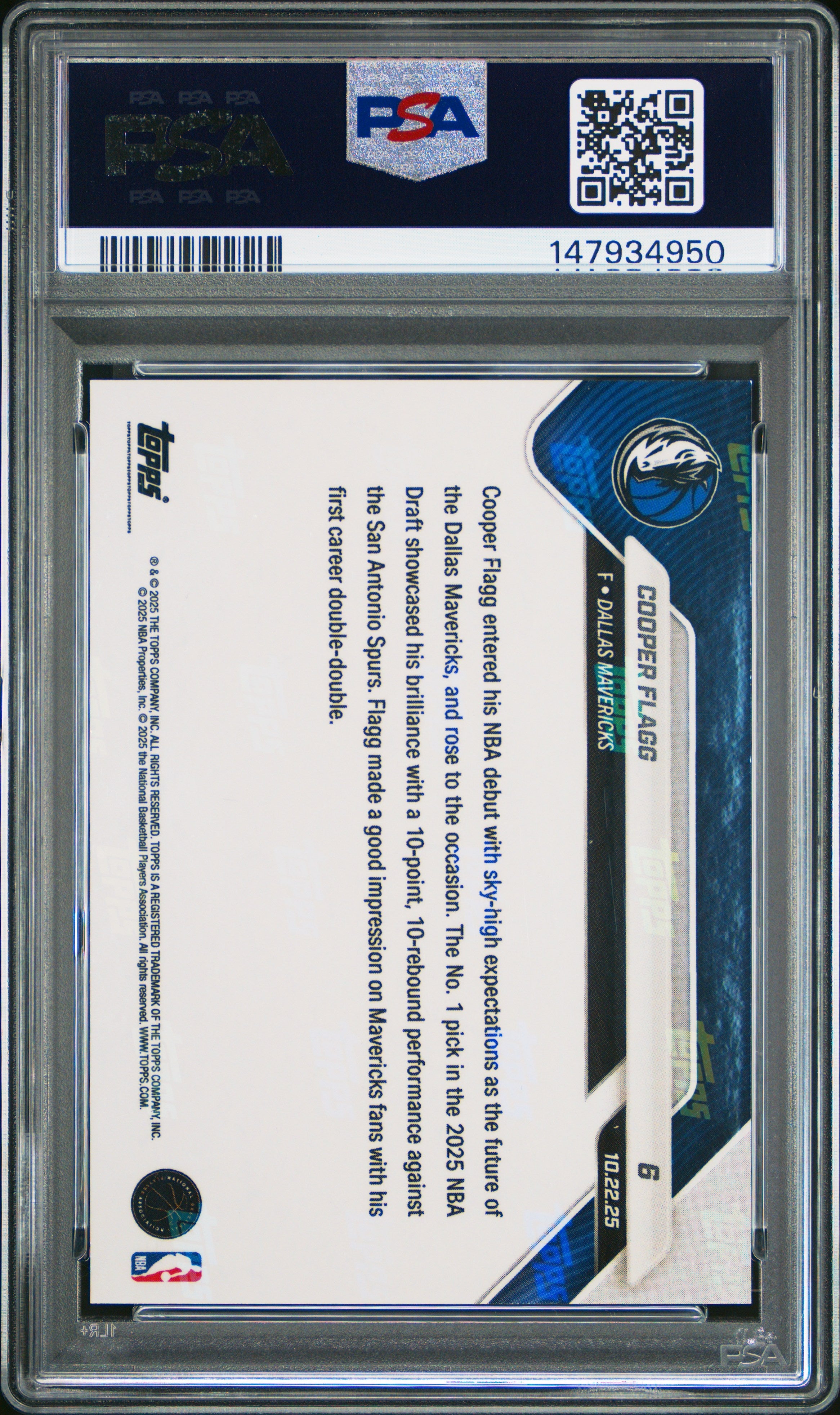 Graded 2025 Topps Now Cooper Flagg #6 Gold Foil /50 Rookie RC Basketball Card PSA 9 Mint