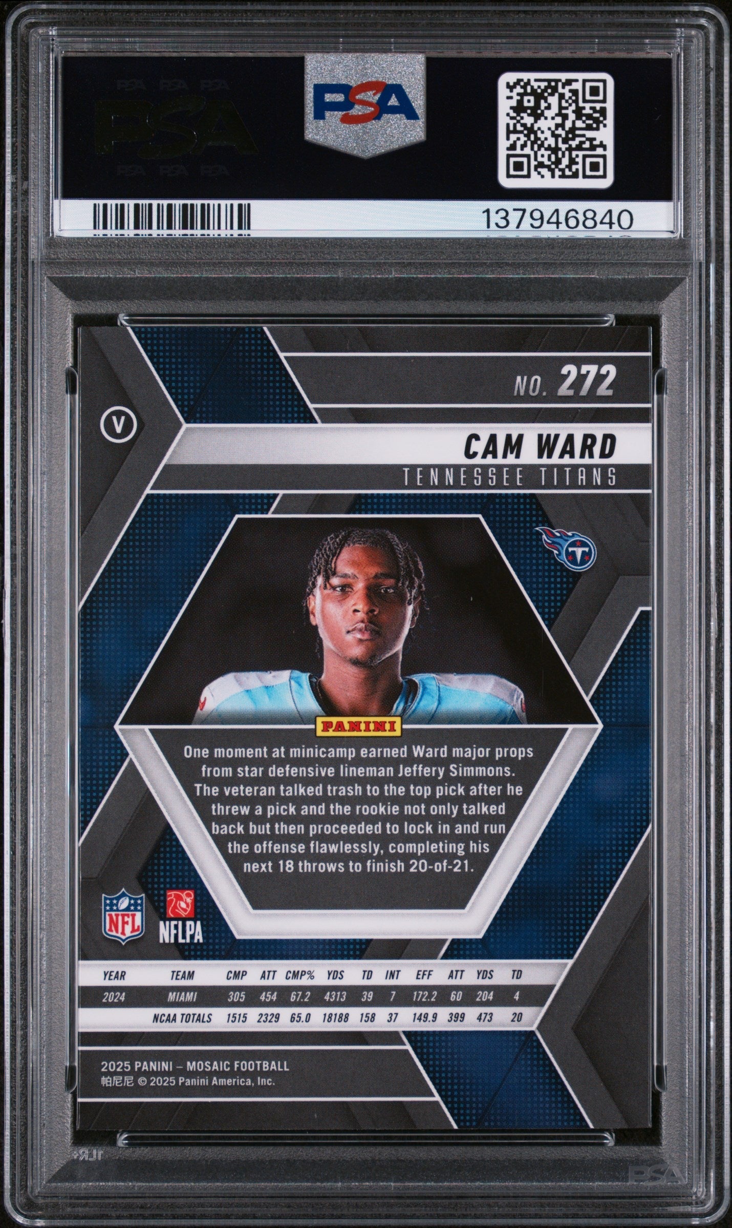 Graded 2025 Panini Mosaic Cam Ward #272 Rookie RC Football Card PSA 9 Mint