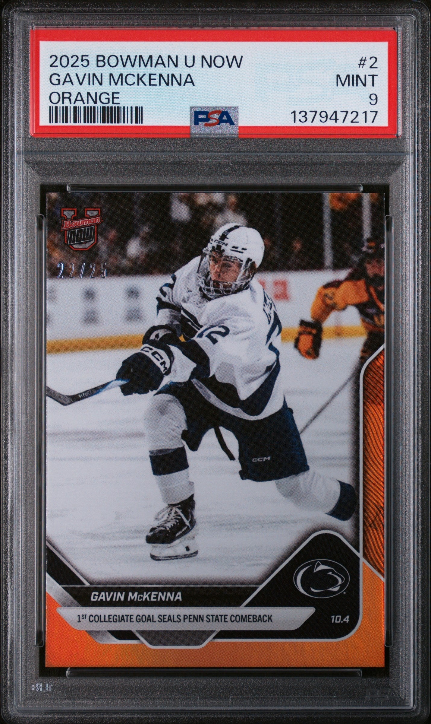 Graded 2025 Topps Bowman U Now Gavin McKenna #2 Orange Foil /25 Rookie RC Hockey Card PSA 9 Mint