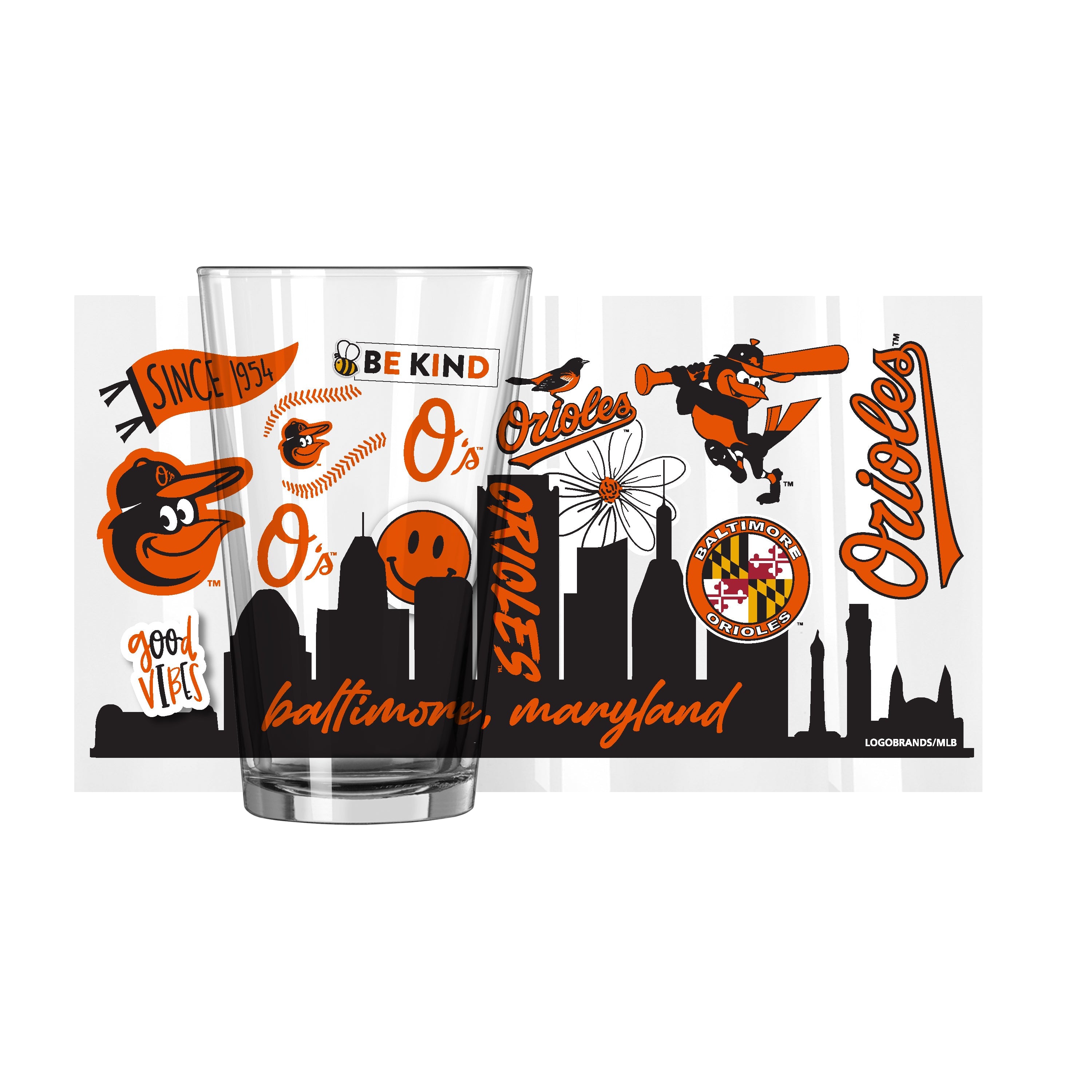Baltimore Orioles 16oz Native Pint Glass - Sports Gifts, Sports Memorabilia, Sports Collectibles, Fan Shop