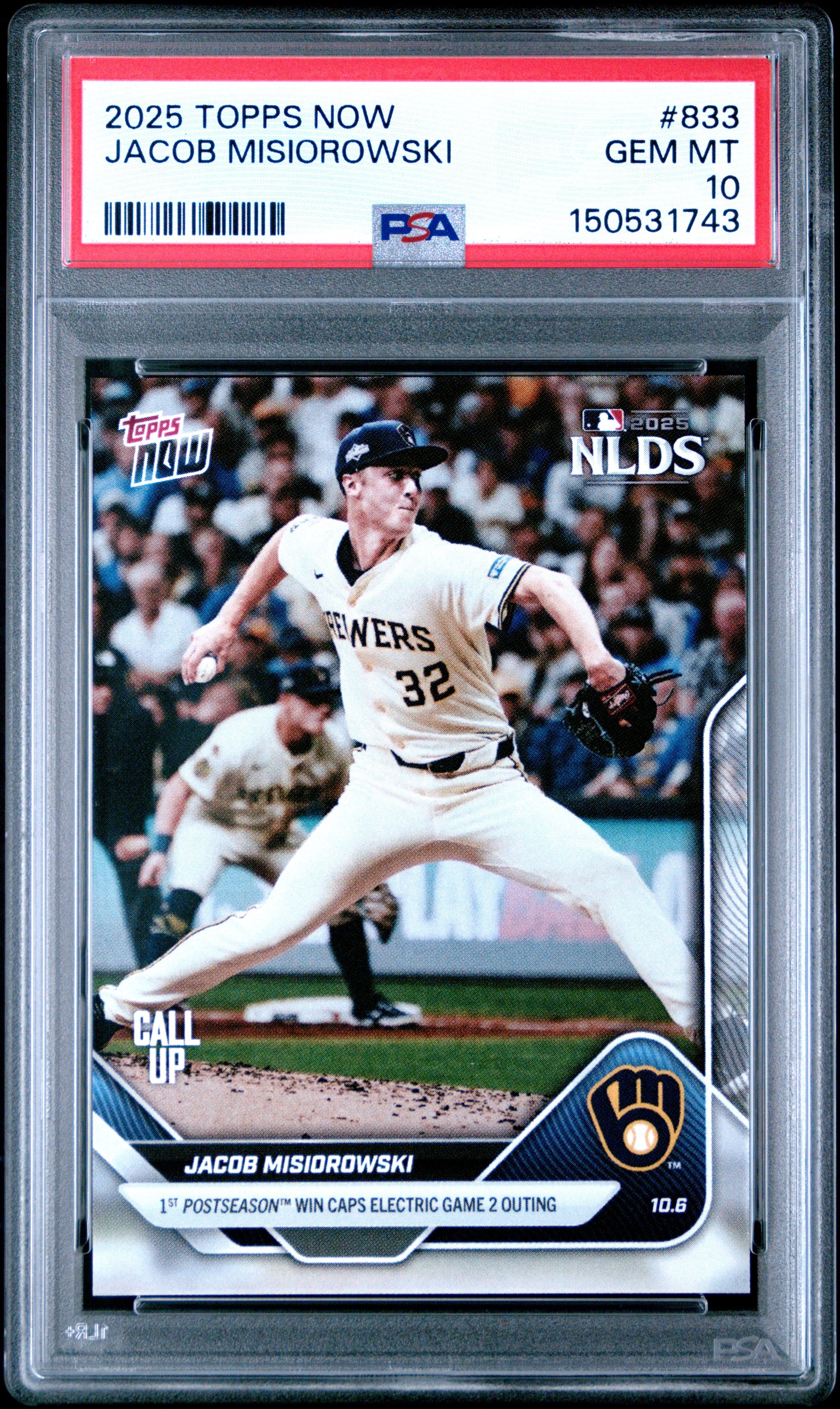 Graded 2025 Topps Now Jacob Misiorowski #833 Rookie RC Baseball Card PSA 10 Gem Mint