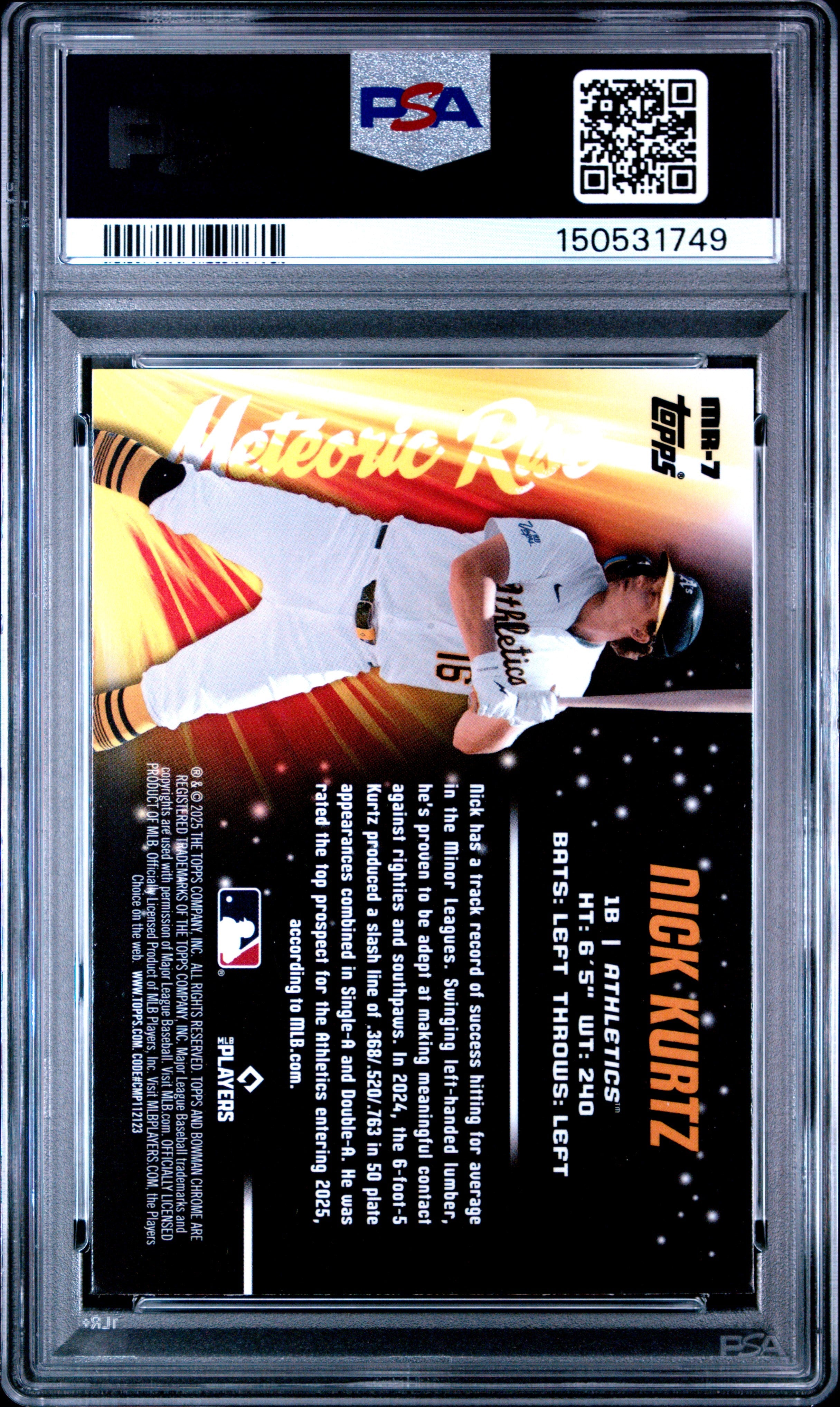 Graded 2025 Topps Bowman Chrome Nick Kurtz #MR7 Meteoric Rise Rookie RC Baseball Card PSA 10 Gem Mint