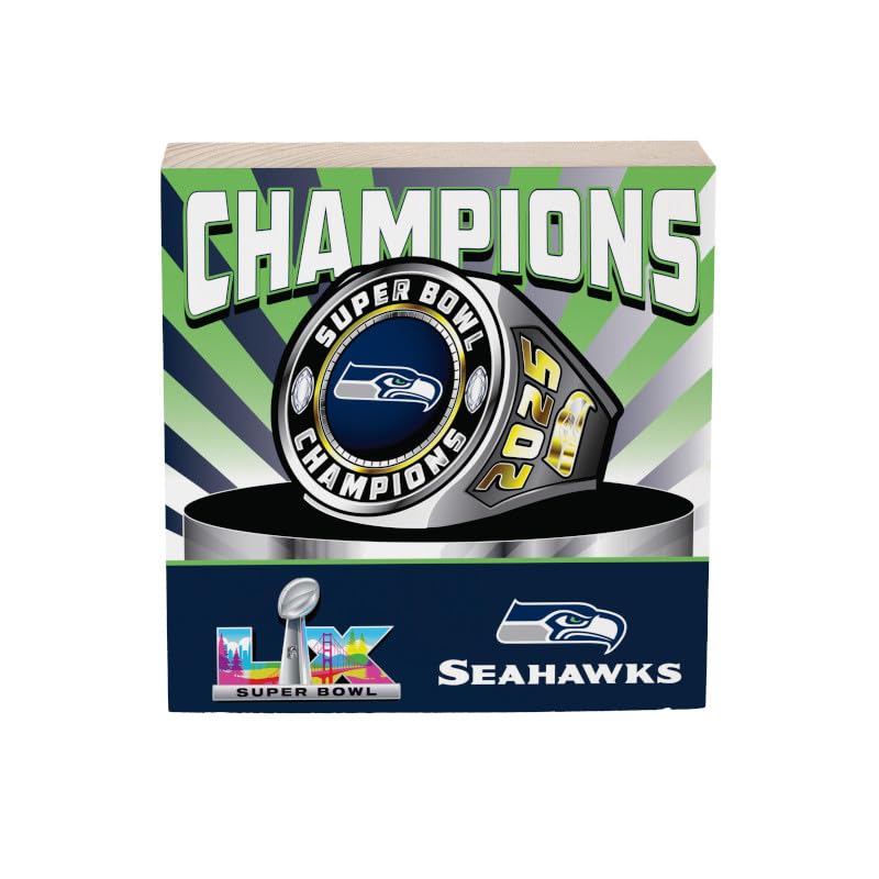 NFL Seattle Seahawks 2026 Super Bowl LX Championship Wood Sign Table Décor, 6"x6" Football Wooden Block Box Signs Decorations for Home, Office, Kitchen, Shelf, or Man Cave - Sports Gifts, Sports Memorabilia, Sports Collectibles, Fan Shop
