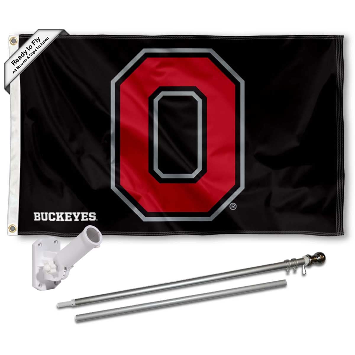College Flags & Banners Co. Ohio State Buckeyes Black Flag with Pole and Bracket Holder University Set - Sports Collectibles, Sports Memorabilia, Sports Fan Shop, Sports Gifts