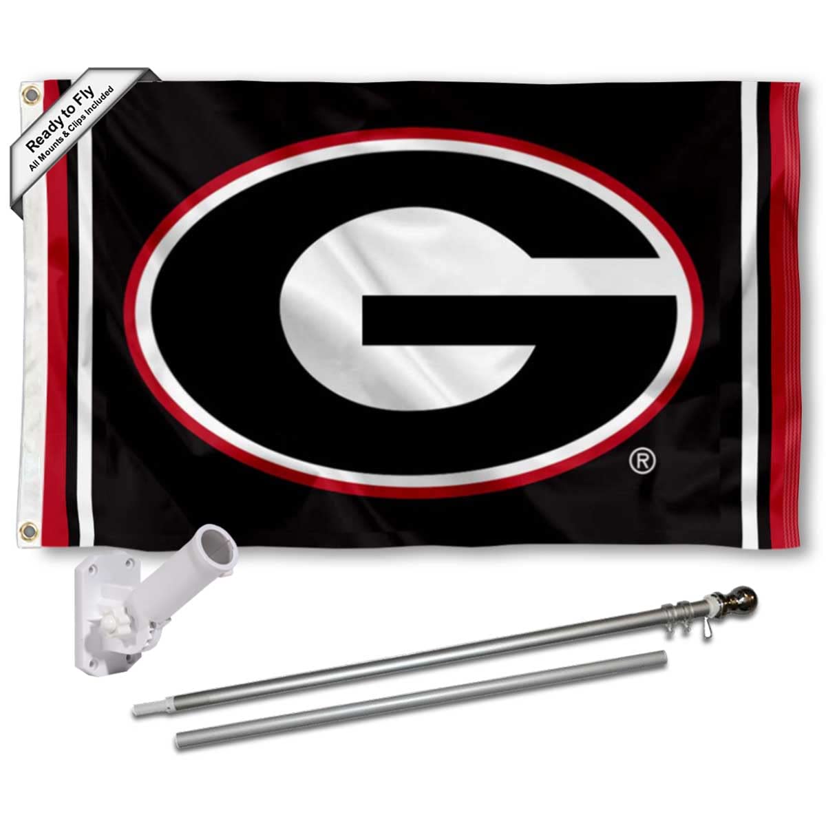 College Flags & Banners Co. Georgia Bulldogs Black Flag with Pole and Bracket Holder University Set - Sports Collectibles, Sports Memorabilia, Sports Fan Shop, Sports Gifts