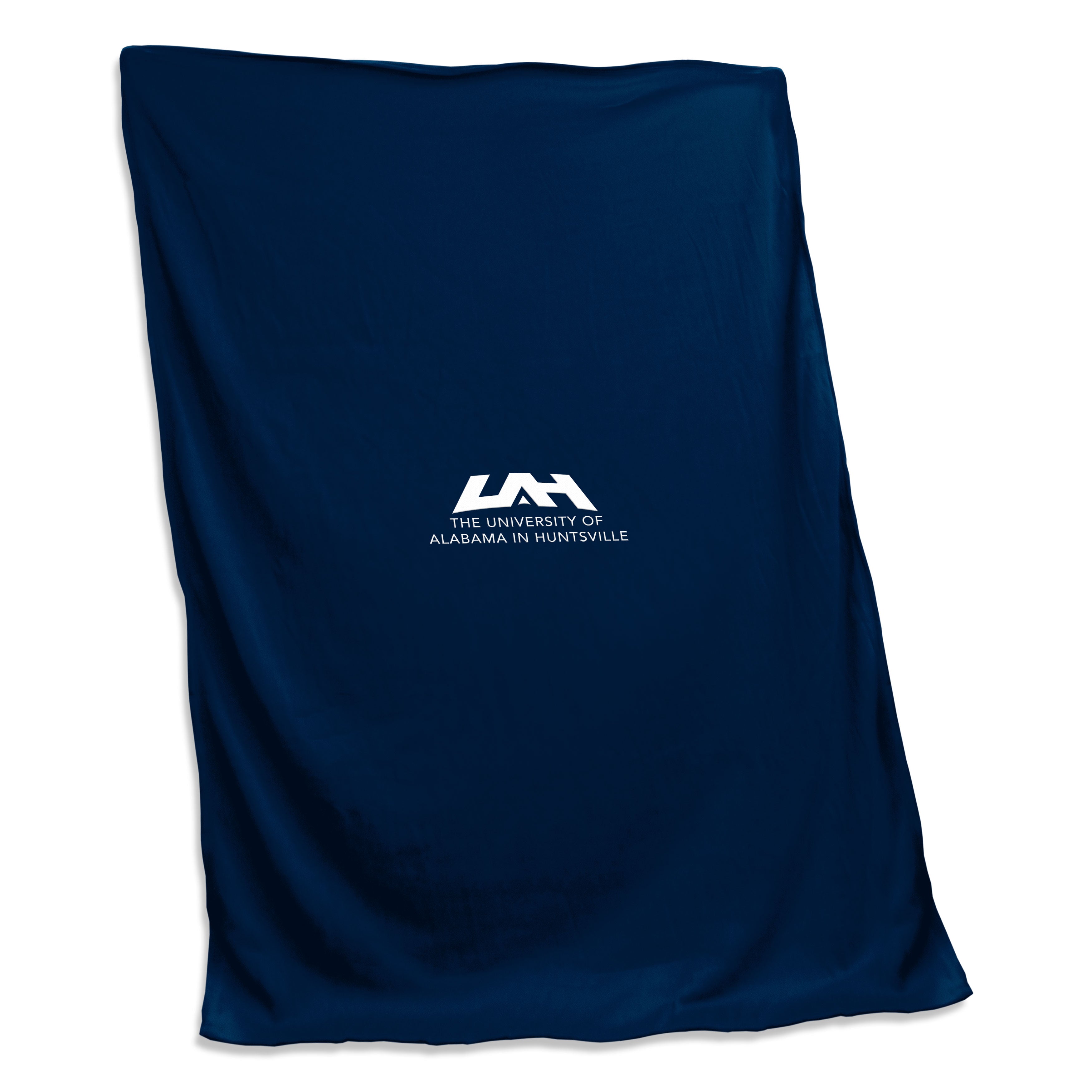 The Alabama Huntsville Navy Sweatshirt Blanket is a cozy, oversized blanket made from heavyweight sweatshirt fabric. It features a large screen printed logo, is machine washable, and ideal for indoor/outdoor use. Measures 54"x84" and comes with a lifetime guarantee.
