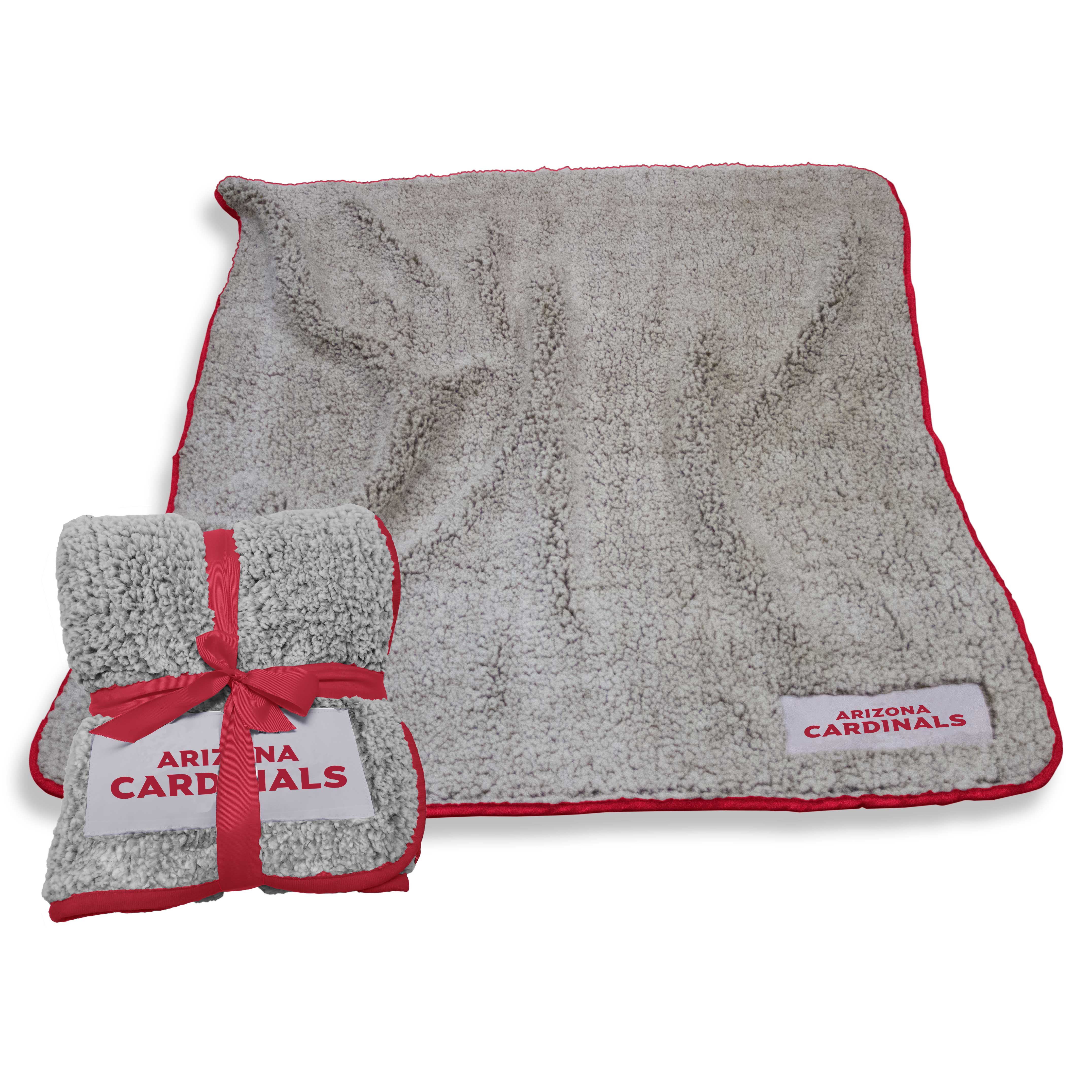 Arizona Cardinals Frosty Fleece Throw blanket featuring luxurious high-pile sherpa material, perfect for warmth and coziness. Ideal for game nights, tailgating, and dorm decor, this 50x60 inch blanket includes a stylish twill patch with the team logo and chic color trim. Machine washable and gift-ready with a ribbon bow, it's a top-selling accessory for sports fans and pet lovers alike.