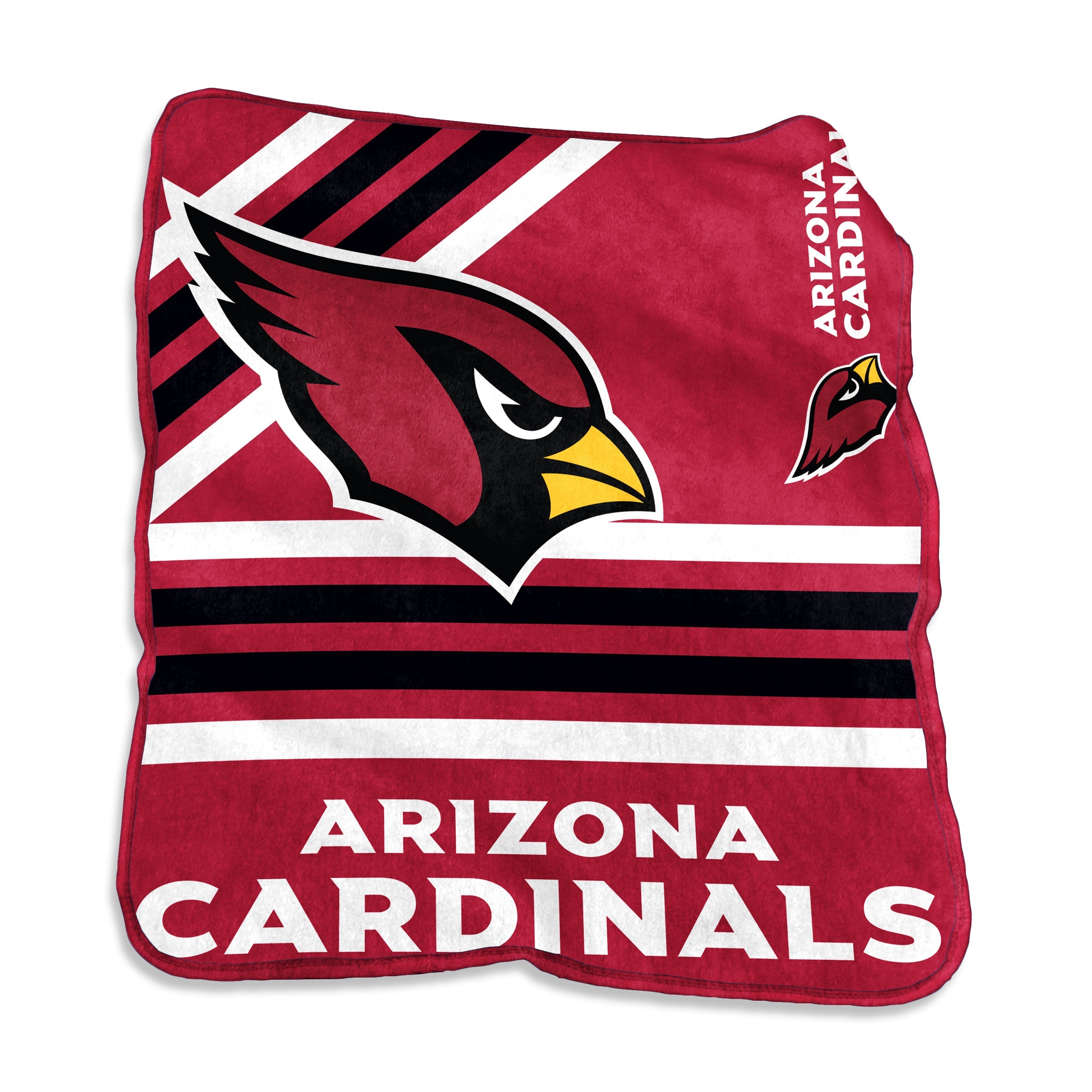 Arizona Cardinals Raschel Throw blanket featuring oversized team logo, perfect for tailgating, stadium nights, or home relaxation. Soft, warm, and cozy 50" x 60" polyester blanket with stylish team color binding, ideal for dorm decor, car rides, and camping. Machine washable for easy care, makes a perfect gift for sports fans.