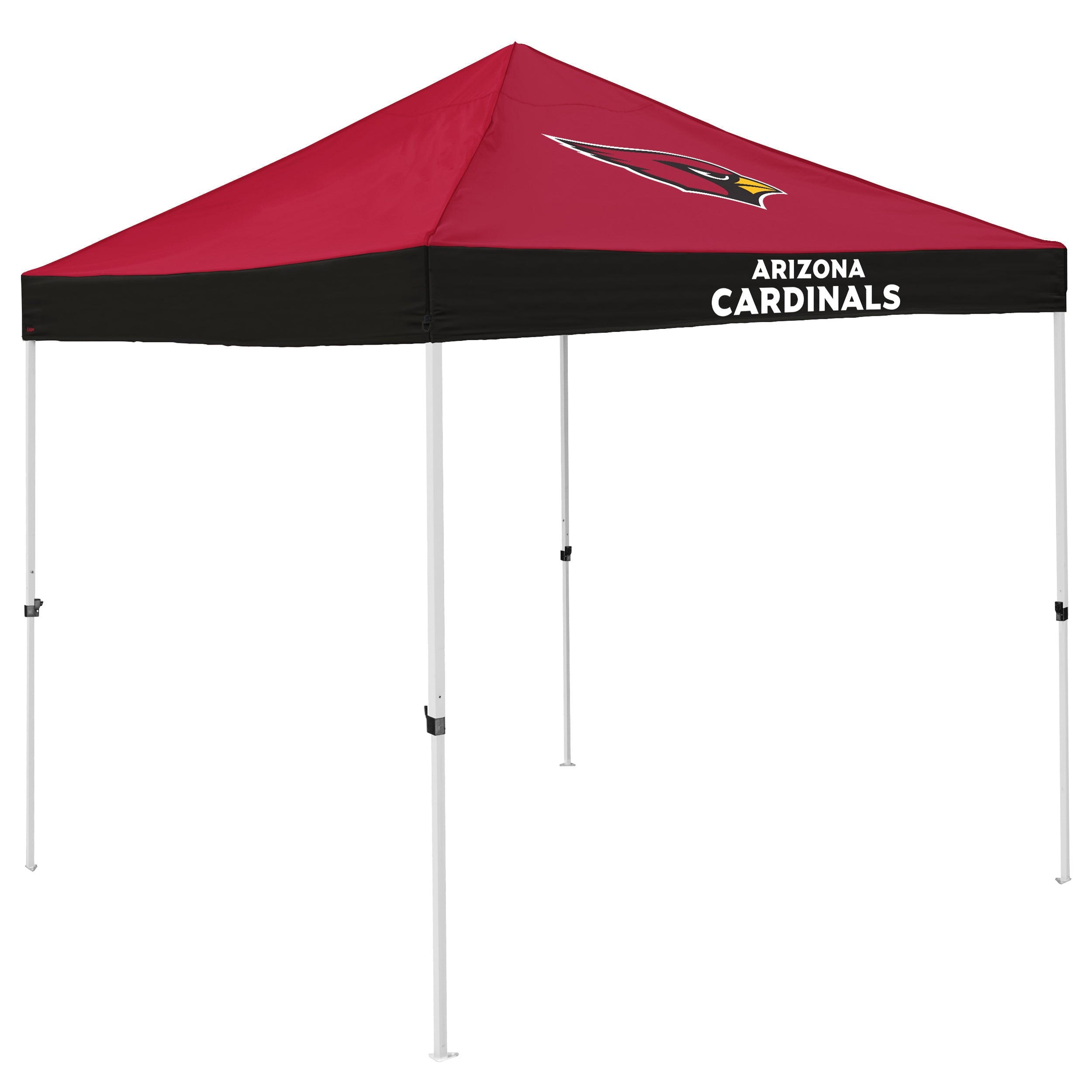 Arizona Cardinals Economy Canopy Tailgate Tent, 9x9 ft, perfect for tailgating in standard parking spaces. Durable powder-coated steel frame and water-resistant polyester for lasting protection. Features vibrant team colors and logos, 6 ft head clearance, and peak height of 9 ft. Easy setup with three height adjustments and no-pinch buttons. Lightweight at 29 lbs, includes carrying bag, ties, and stakes. Ideal for Arizona Cardinals fans to showcase team spirit.