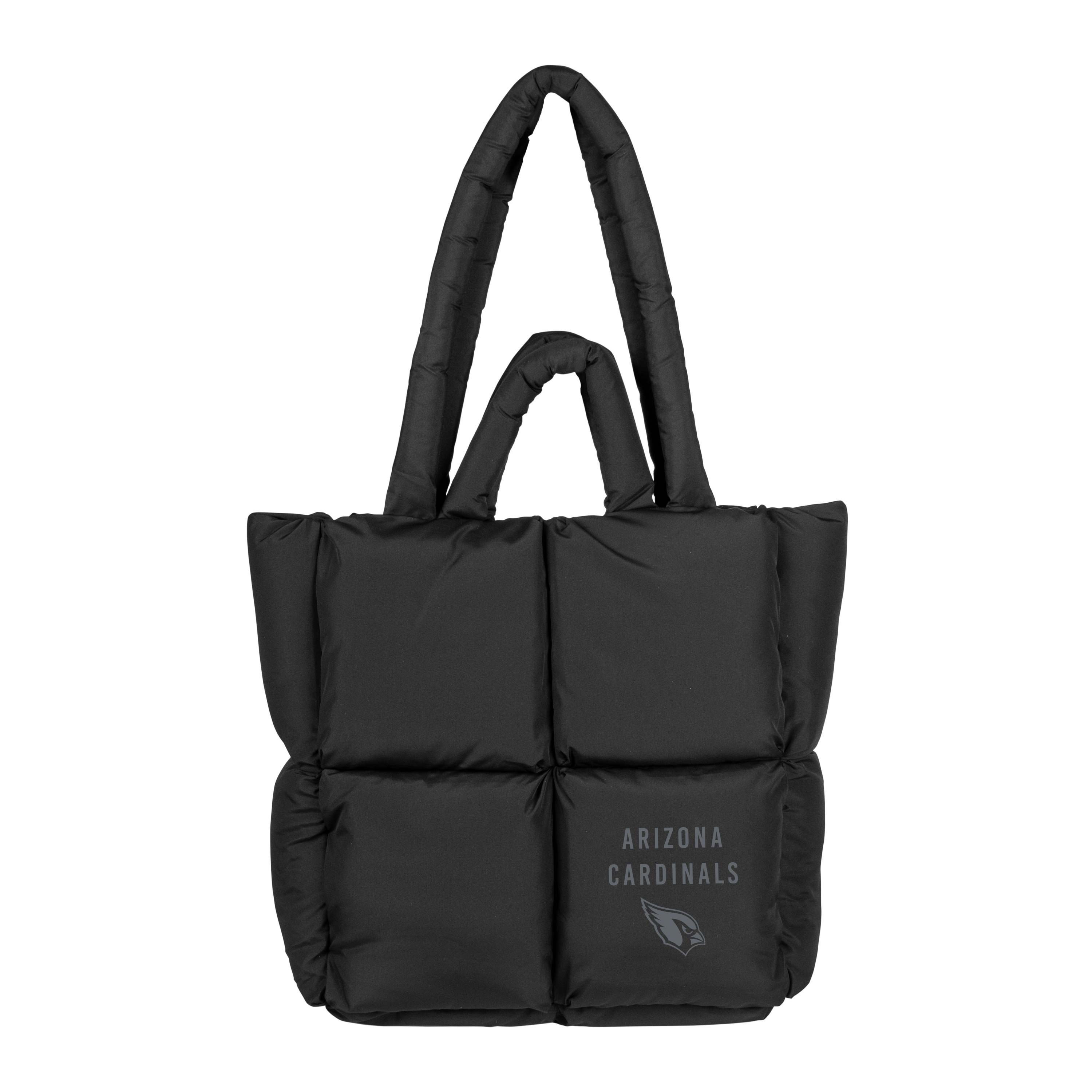 Arizona Cardinals Black Puff Tote with quilted detailing, combining modern style and team spirit. Features a cozy puff exterior, spacious interior with two pockets, secure zipper pocket, and versatile handles for easy carrying. Ideal for showcasing Arizona Cardinals pride at work or during weekend outings.