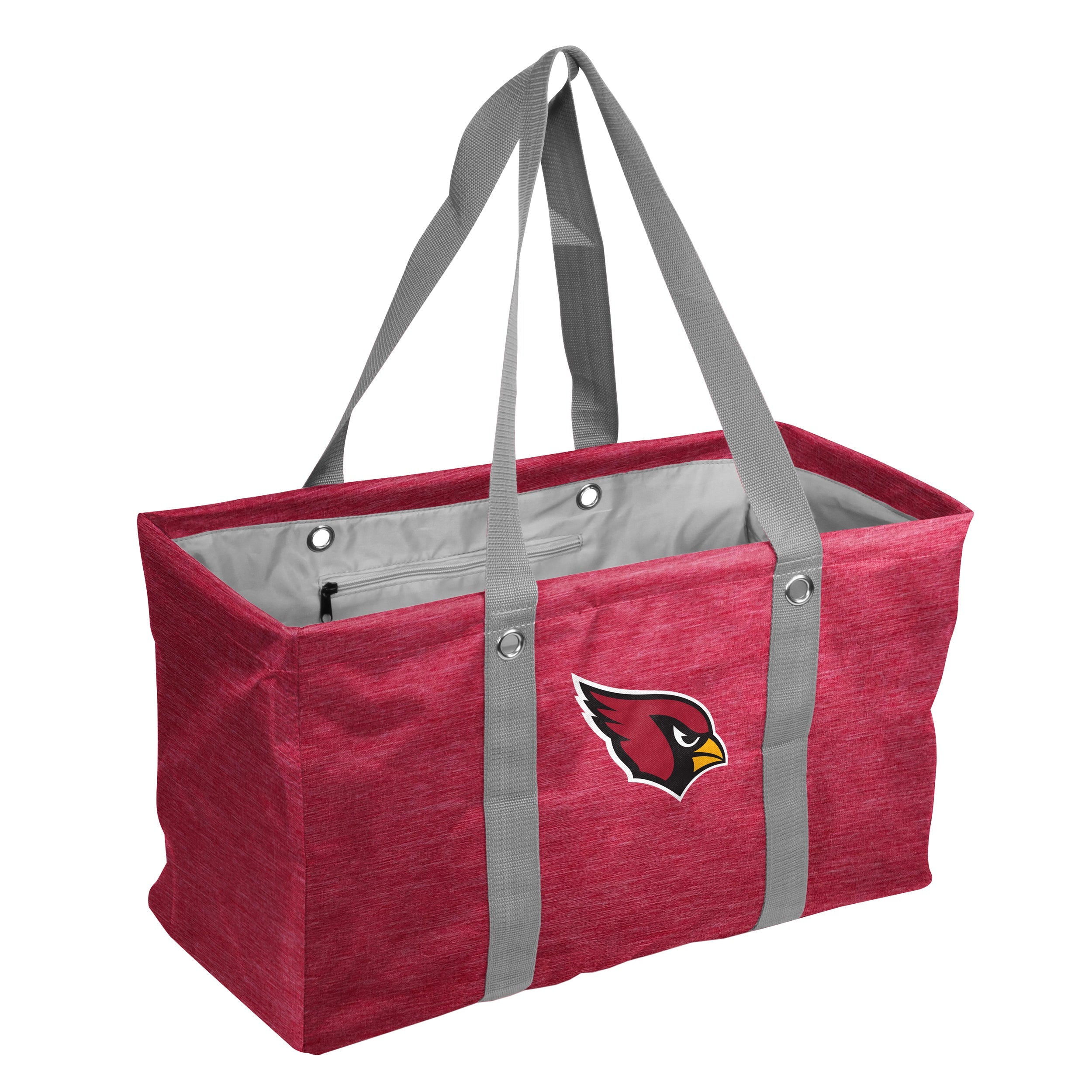 Arizona Cardinals Crosshatch Picnic Caddy - Oversized, durable tote with vibrant team colors and logo, perfect for tailgating, camping, or beach trips. Features sturdy bottom, wire top frame, open design for easy access, reinforced handles, and interior zipper pocket for organization. Measures 22"x10"x12" and made from high-quality polyester. Folds flat for storage and comes with a lifetime guarantee.