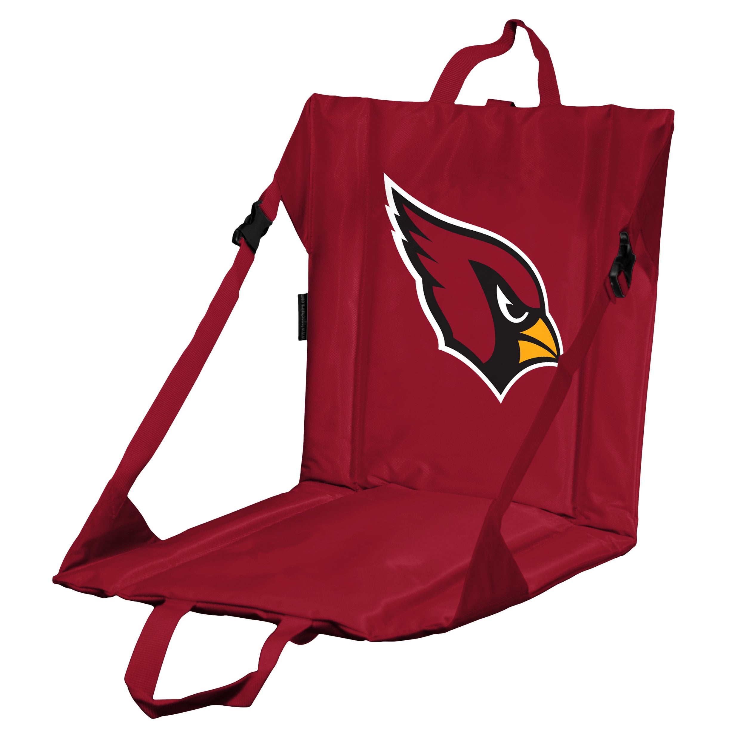 Arizona Cardinals Stadium Seat with logo, 16" x 14.5", durable polyester, foam padding, reinforced stability, adjustable straps, easy transport handle, ideal for sports and outdoor activities, folds flat for storage, lifetime guarantee.