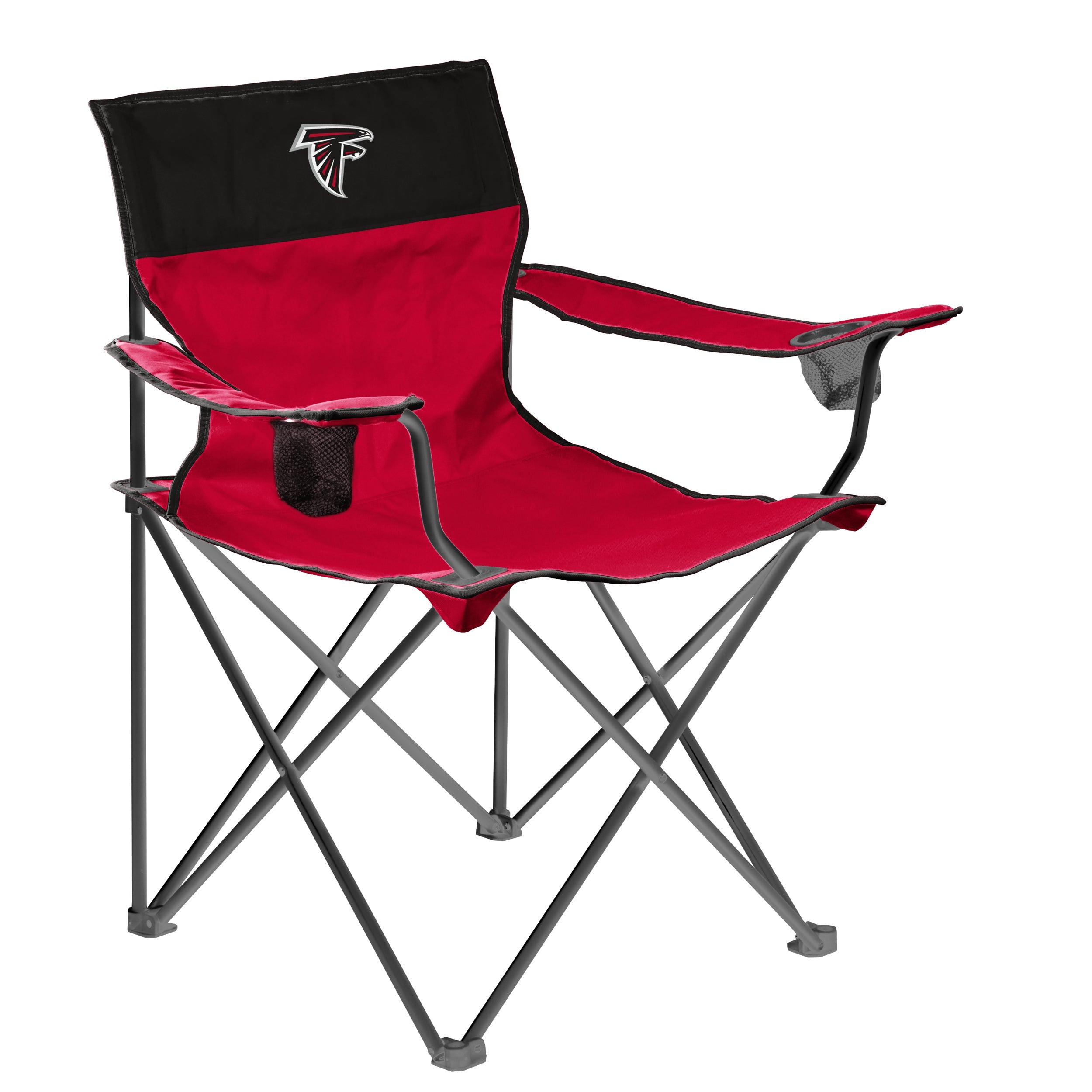 Atlanta Falcons Big Boy Chair featuring spacious 24.5" x 24.5" seating, 18" high back, durable powder-coated steel frame, double-layered polyester, supports up to 350 lbs, includes oversized cup holders and a mesh pocket, easy transport with drawstring carrying bag, officially licensed team logo, stable wide-based feet, and lifetime guarantee.