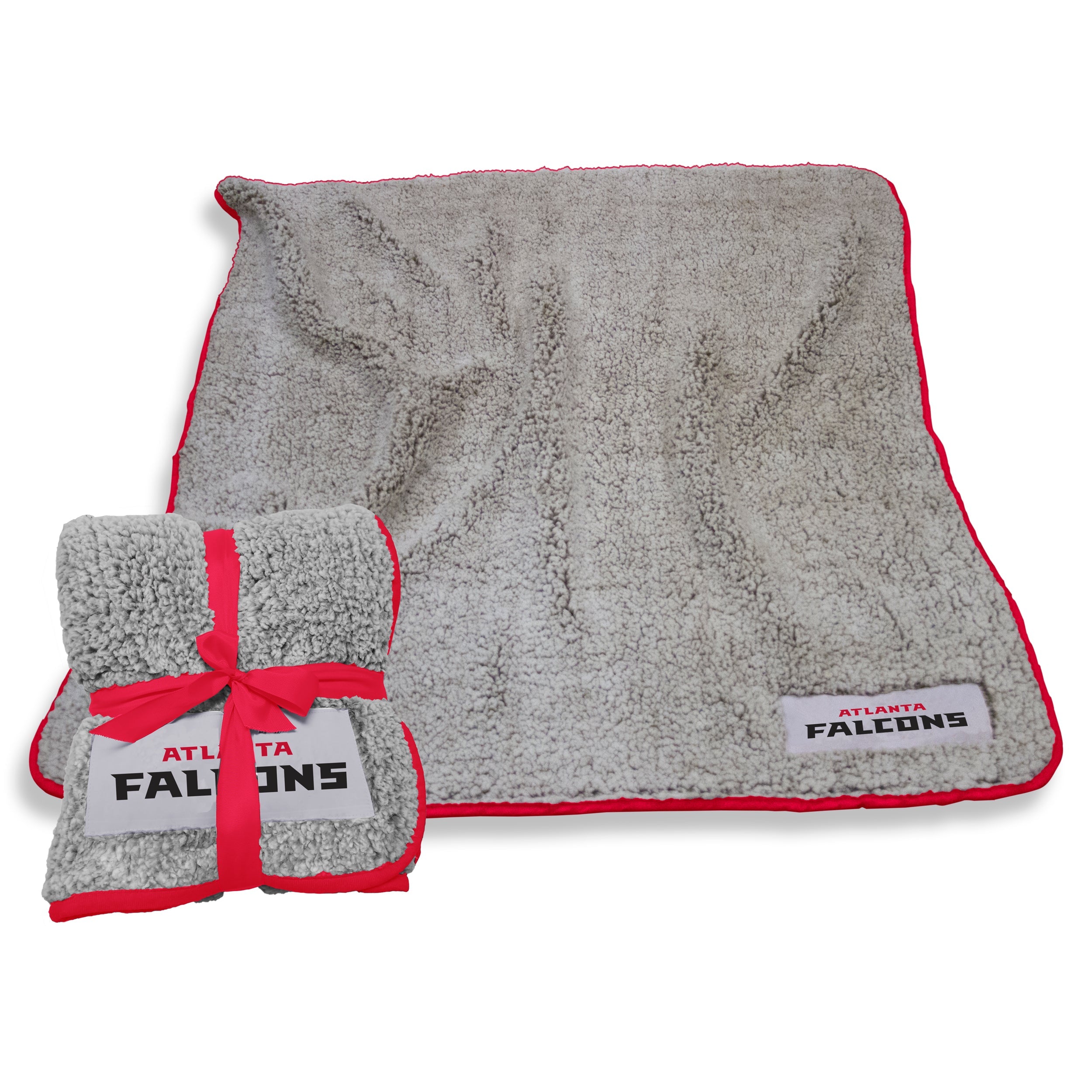 Atlanta Falcons Frosty Fleece Throw - luxurious high-pile sherpa blanket, perfect for game day, tailgating, or cozying up at home. Features stylish twill patch with Atlanta Falcons logo, vibrant trim, and lightweight, machine washable design. Ideal for dorms, teen rooms, and travel. Comes elegantly wrapped, perfect gift for sports fans and pets. Measures 50x60 inches with a lifetime guarantee.