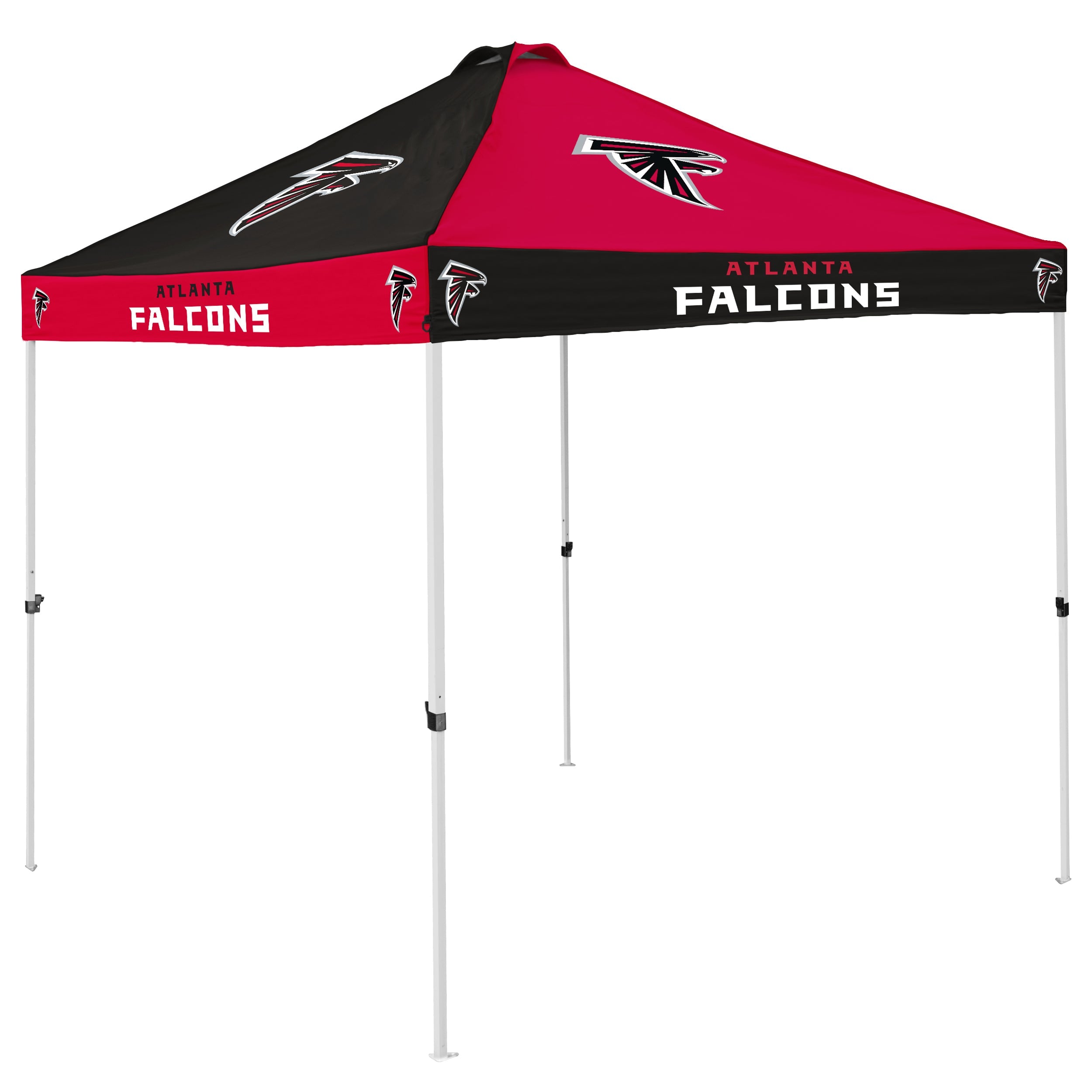 Atlanta Falcons Checkerboard Canopy - 9x9 ft tailgating shelter with vibrant team colors, 16 logos, and wordmarks. Durable, water-resistant design with 6 ft head clearance and vented roof. Quick setup with adjustable heights, includes carrying bag and ground stakes. Lightweight at 46.8 lbs, perfect for outdoor events.