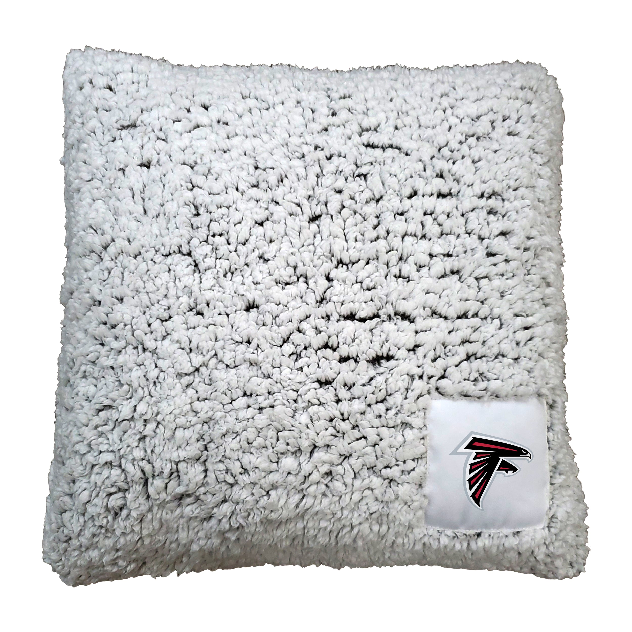 Atlanta Falcons Frosty Throw Pillow featuring ultra-soft high-pile sherpa material, stylish twill patch with team logo, and removable cover for easy washing, perfect for enhancing decor and providing comfort during game nights and tailgating.