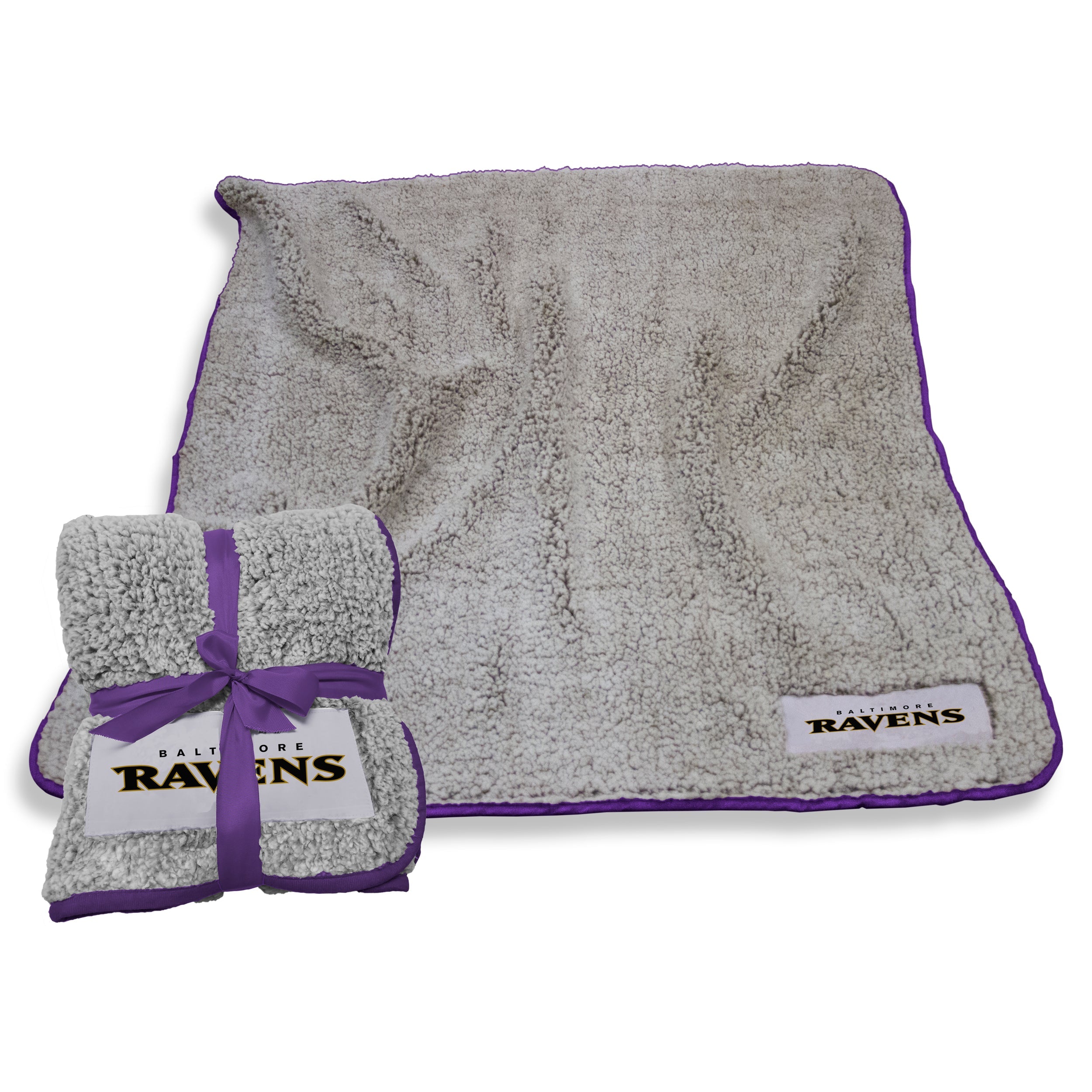Baltimore Ravens Frosty Fleece Throw blanket, 50x60 inches, made from luxurious high-pile sherpa material, perfect for tailgating, cozying up at home, or as dorm decor. Features team logo patch and vibrant trim, machine washable, ideal for travel and camping. Comes with gift-ready ribbon bow and lifetime guarantee.