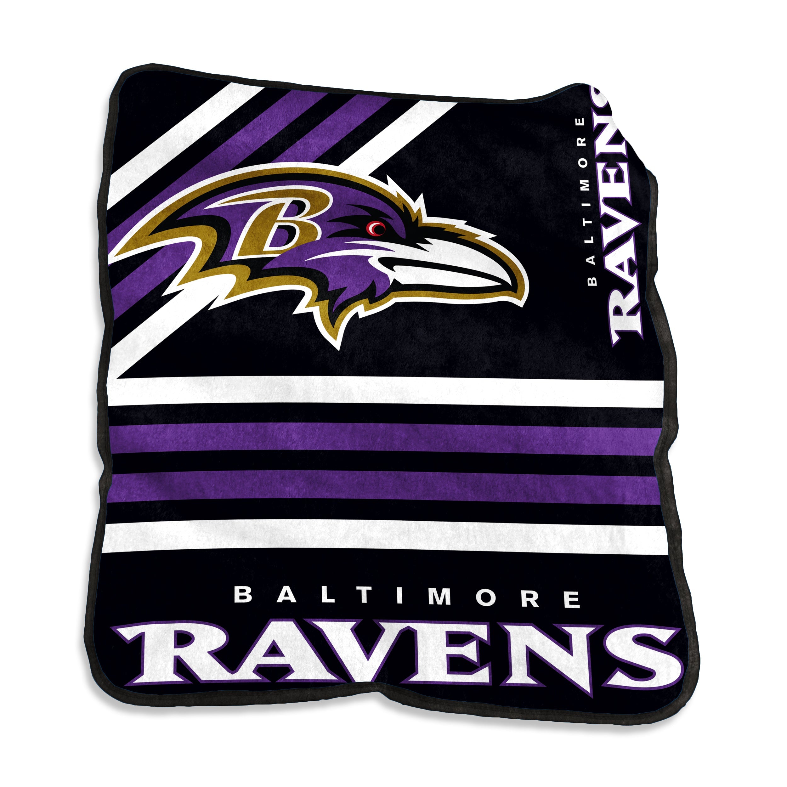 Baltimore Ravens Raschel Throw Blanket - Super soft and cozy 50" x 60" polyester throw featuring a vibrant Ravens logo and stylish team color binding, perfect for tailgating, stadium nights, or home games. Machine washable for easy care, ideal gift for sports fans, enhancing decor in dorms, teen rooms, and during outdoor adventures.