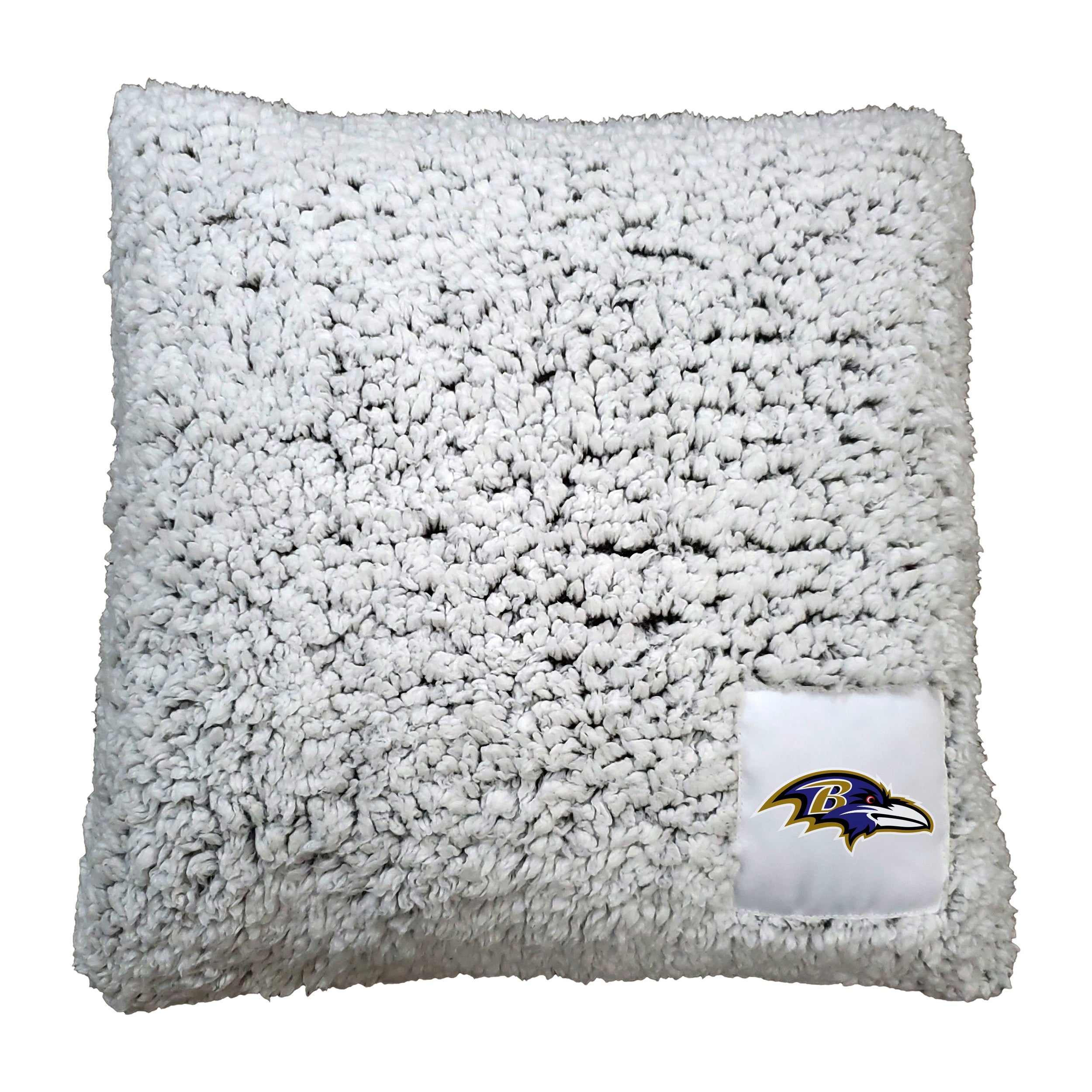 Baltimore Ravens Frosty Throw Pillow featuring high-pile sherpa material, neutral color for versatile decor, and stylish twill patch with team logo. Ideal for game day, home decor, or travel, measuring 16" x 16" with removable, machine washable cover and hidden zipper for easy cleaning. Durable polyester fill for lasting comfort and comes with a lifetime guarantee.