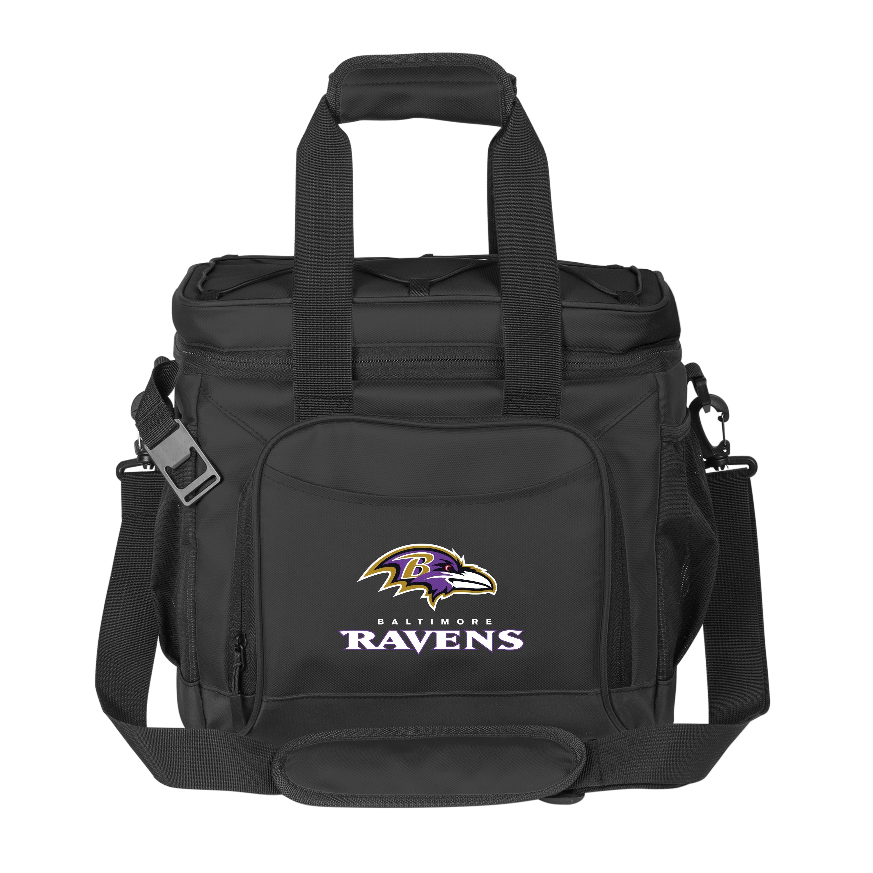 Baltimore Ravens 24 Can Flex Cooler for outdoor adventures, featuring adjustable bungee top, side mesh pockets, front insulated zipper pocket, leak-proof lining, and built-in bottle opener. Perfect for tailgates, beach days, and barbecues, it holds 24 standard 12oz cans and offers easy transport with detachable shoulder strap and dual handles.