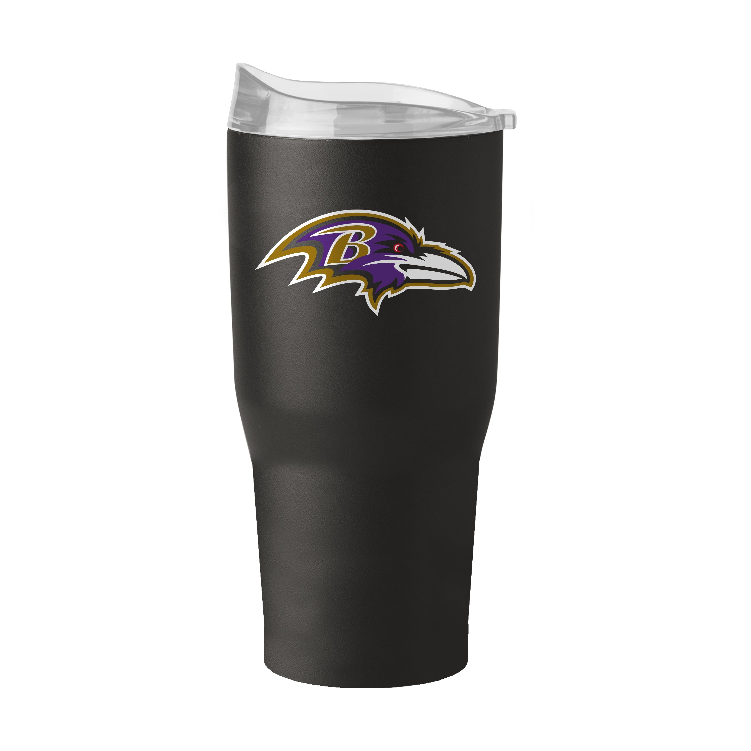 Baltimore Ravens 30 oz Flipside Powder Coat Tumbler, stainless steel drinkware with double-wall vacuum insulation for hot and cold beverages, featuring a premium high lip slider lid and ergonomic tapered design for easy handling.