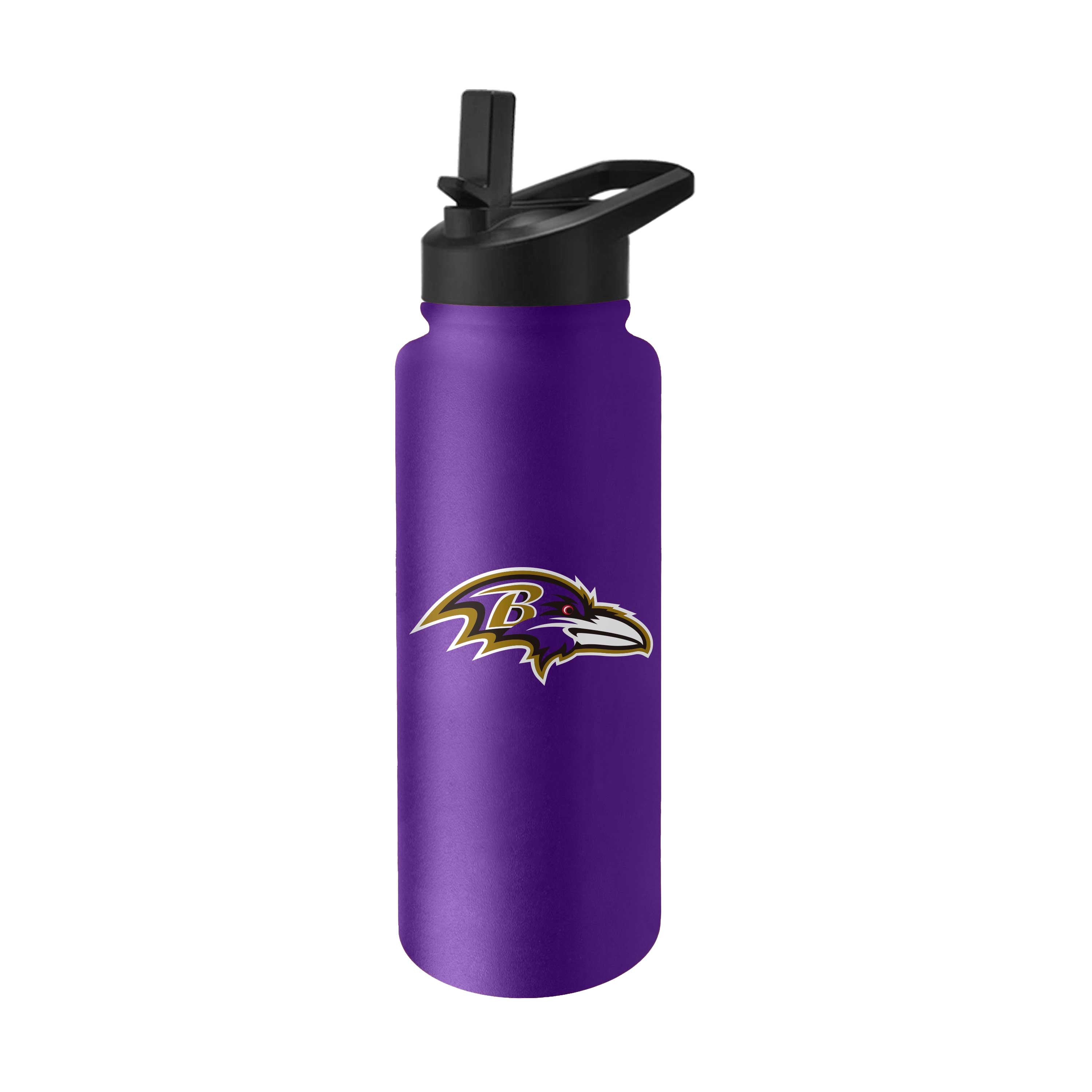 Baltimore Ravens Quencher Logo Flip Top Water Bottle, 34 oz stainless steel, double-walled vacuum insulation for cold drinks, no-spill flip top spout, easy-fill wide opening, durable powder coat finish, perfect for workouts and daily commutes.