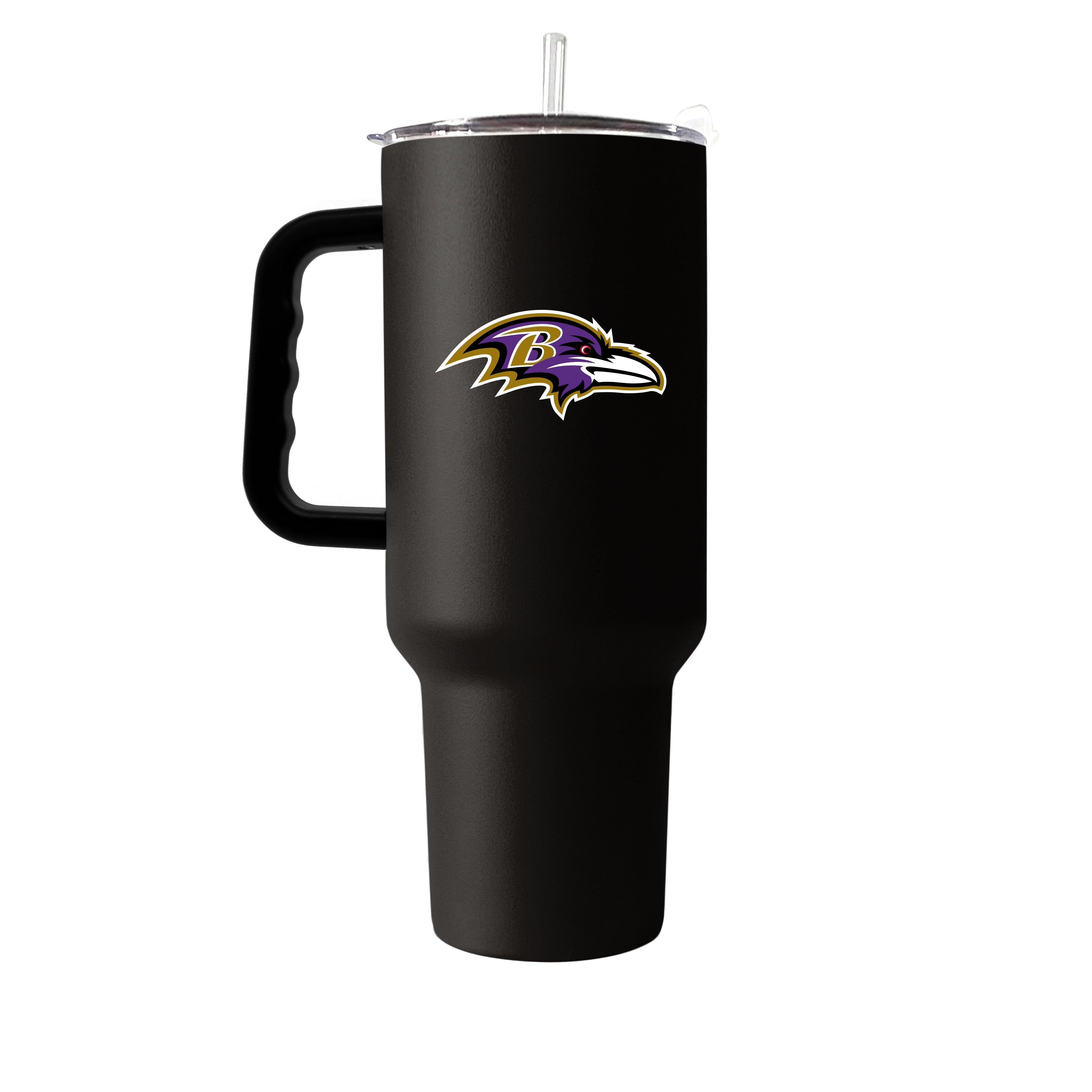 Baltimore Ravens 40oz Travel Tumbler with double-wall vacuum insulation, featuring a bold team logo and vibrant colors, perfect for fans. Ideal for workouts and outdoor adventures, it includes a durable handle, spill-proof lid, and reusable straw, fitting in standard cup holders.
