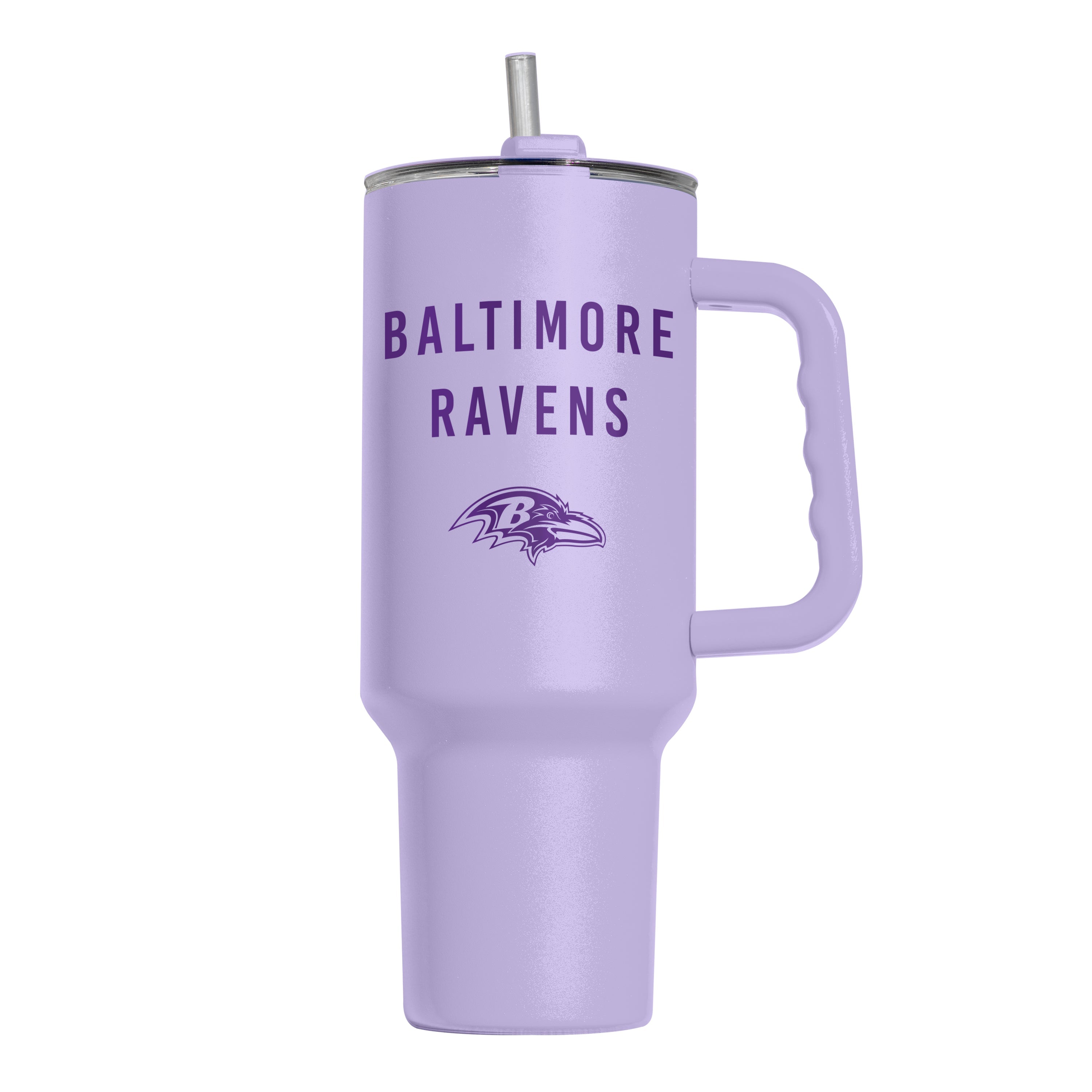 Baltimore Ravens 40oz Travel Tumbler with Tonal Lavender Powder Coat - Double-wall vacuum insulated stainless steel design, vibrant team colors, bold logo, durable carrying handle, fits standard cup holders, slip and lock lid to prevent spills, includes reusable straw, perfect for workouts, road trips, and outdoor adventures.