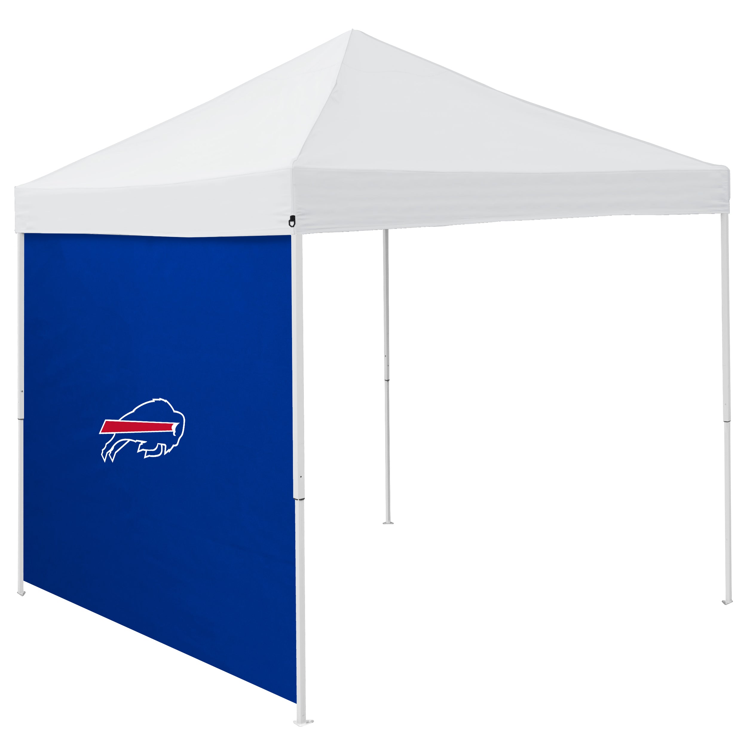 Buffalo Bills 9x9 Side Panel for Canopy - 6 ft. x 9 ft. durable polyester side panel with 30" team logo, providing protection from sun, rain, and wind. Fits all 9 ft. x 9 ft. straight-leg Logo Brands canopies, easily attaches with hook and loop straps, and includes a zip-up carrying bag for convenient storage. Perfect for tailgating, camping, and outdoor events, backed by a lifetime guarantee.