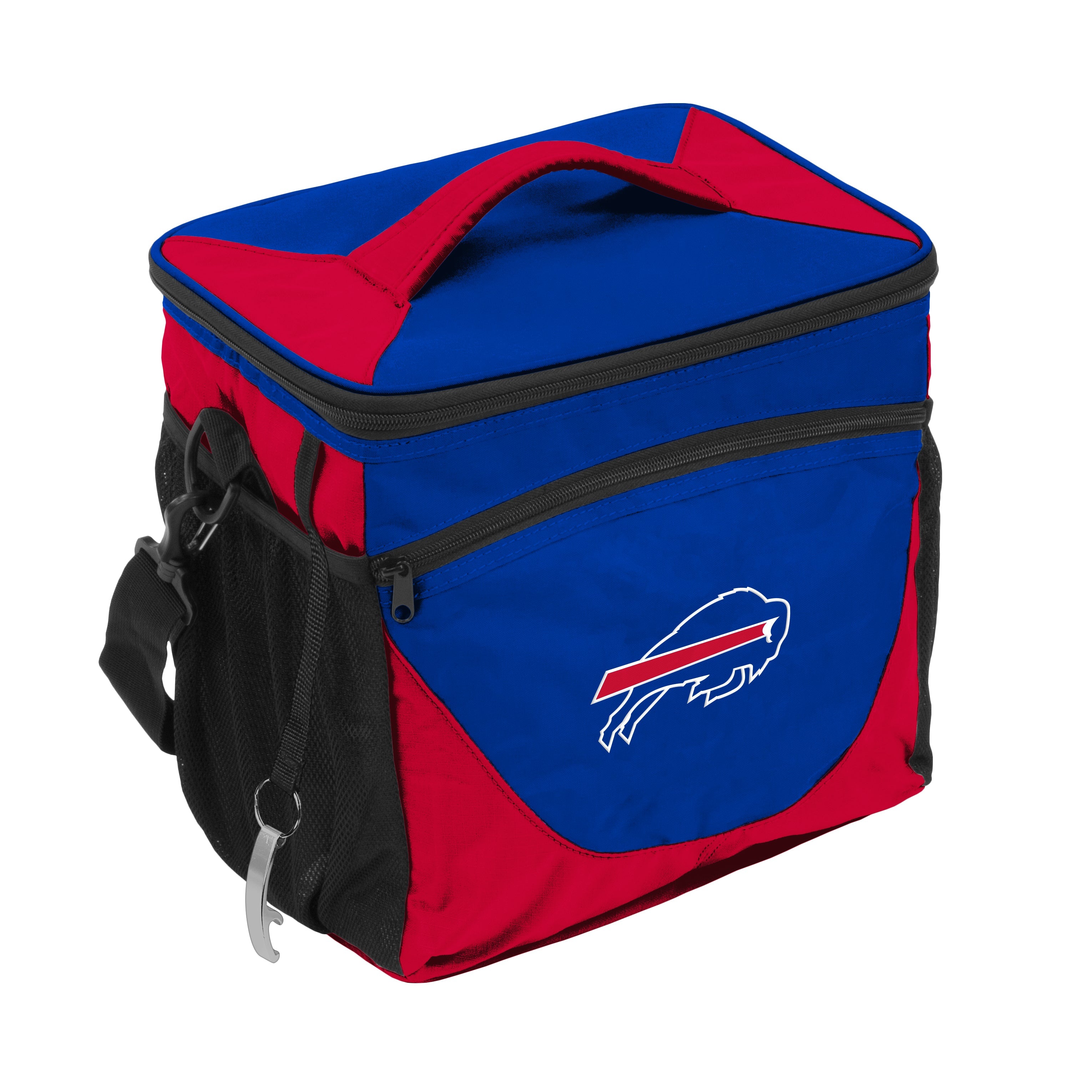 Buffalo Bills 24 Can Cooler featuring vibrant team colors and logo, designed for sports fans and outdoor activities. Holds 24 standard 12 oz. cans with a leak-proof lining that keeps drinks cold for 24 hours. Includes zippered front pocket, mesh side pockets, padded handle, detachable shoulder strap, and built-in bottle opener for convenience during picnics, tailgating, and beach outings.