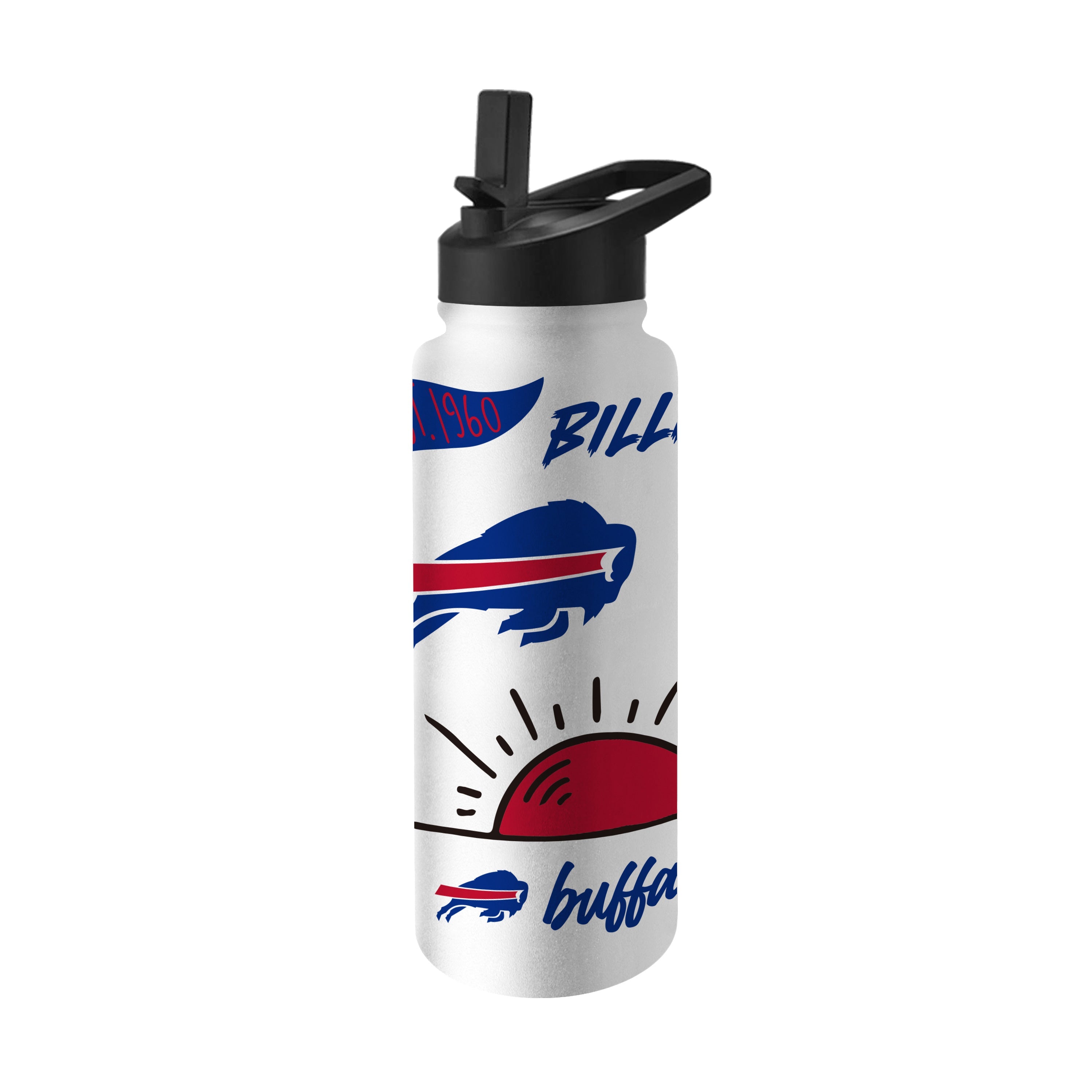 Buffalo Bills 34 oz. Native Quencher Bottle - durable stainless steel design with powder coat finish, double-walled vacuum insulation for long-lasting cold drinks, no-spill lid with flip top spout and straw, easy-carry handle, wide opening for easy filling and cleaning, perfect for sports enthusiasts and daily hydration.
