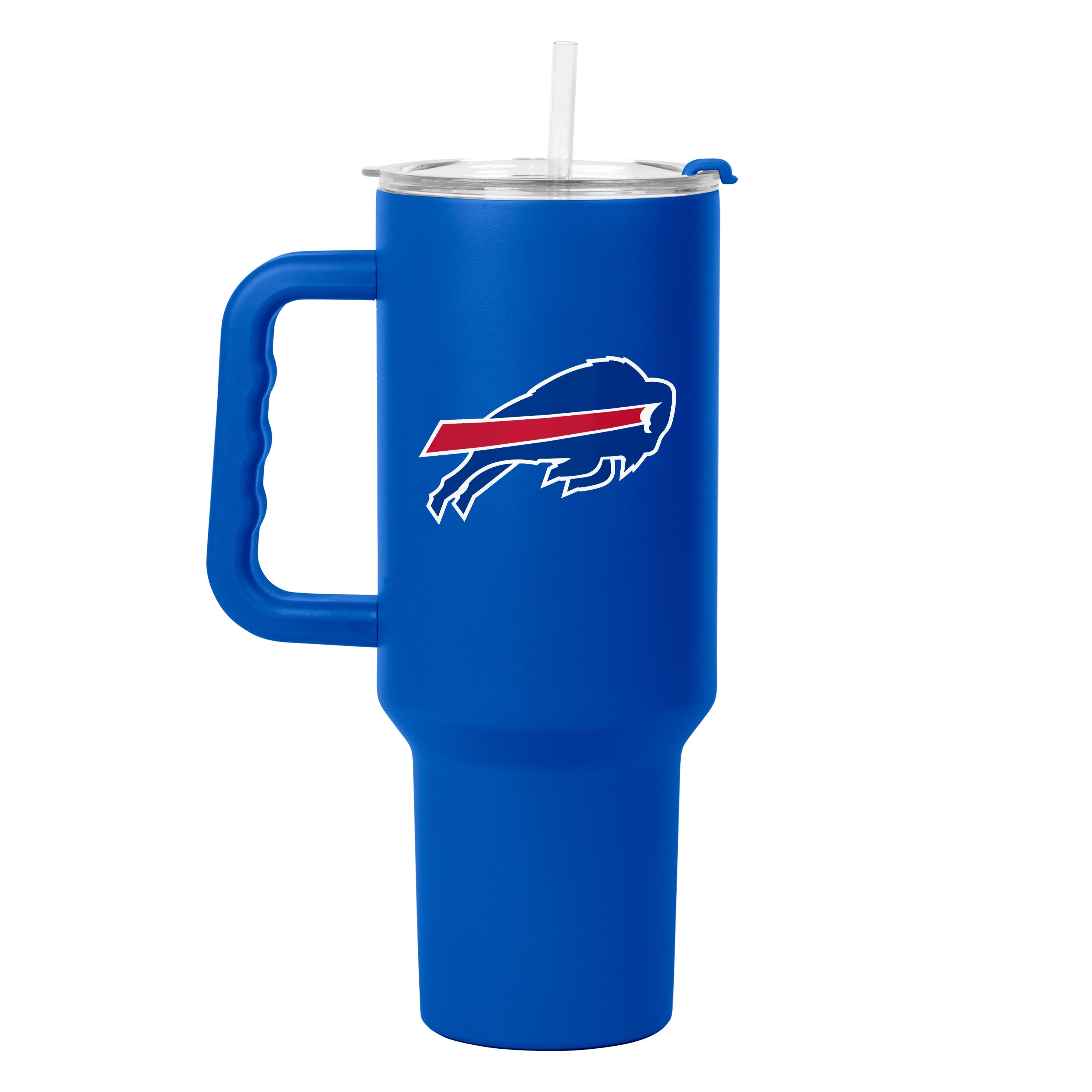 Buffalo Bills 40oz Travel Tumbler with vibrant team colors, double-wall vacuum insulation, and a durable carrying handle, perfect for fans on the go and ideal for workouts, road trips, and outdoor adventures.