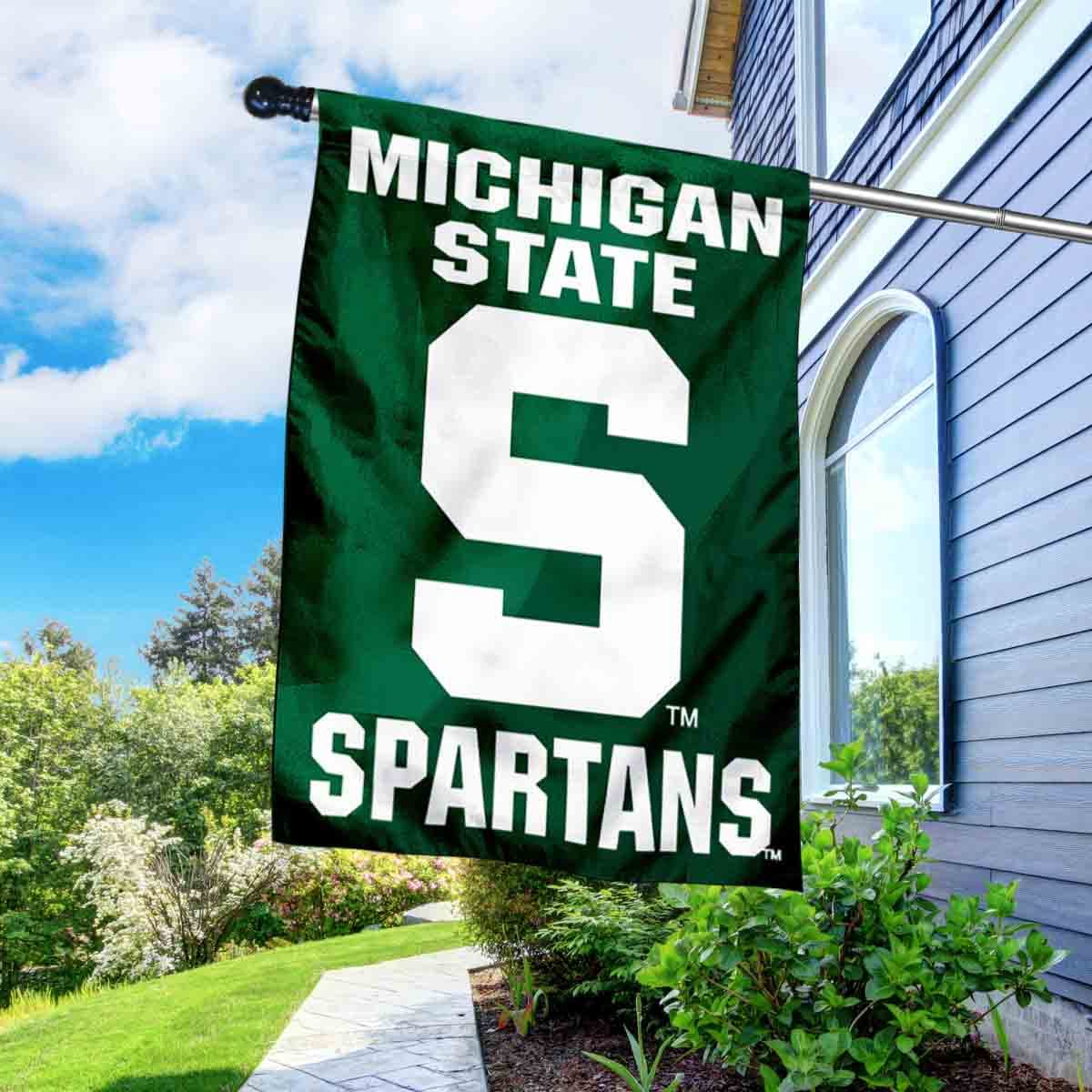 Michigan State University House Flag with Flag Pole Set - Sports Collectibles, Sports Memorabilia, Sports Fan Shop, Sports Gifts