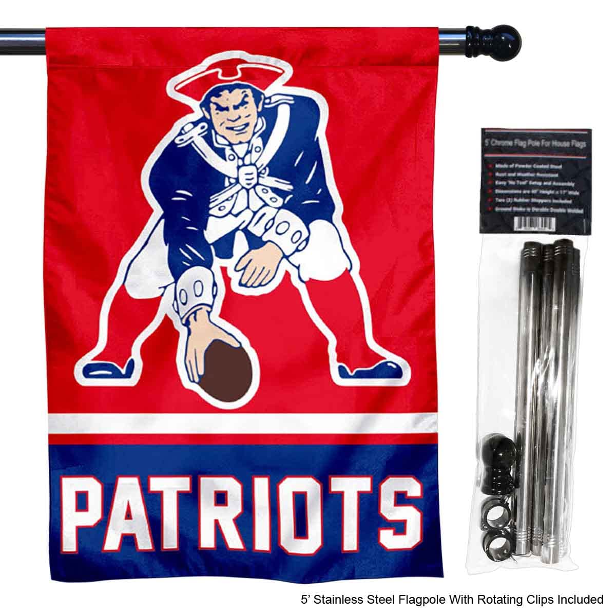 WinCraft Patriots Pat Patriot Banner House Flag and 5 Foot Flagpole Set - Sports Collectibles, Sports Memorabilia, Sports Fan Shop, Sports Gifts