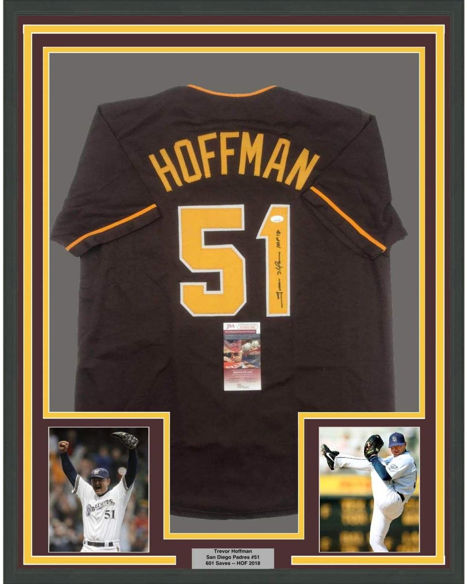 Framed Autographed/Signed Trevor Hoffman 35x39 San Diego Brown Baseball Jersey JSA COA