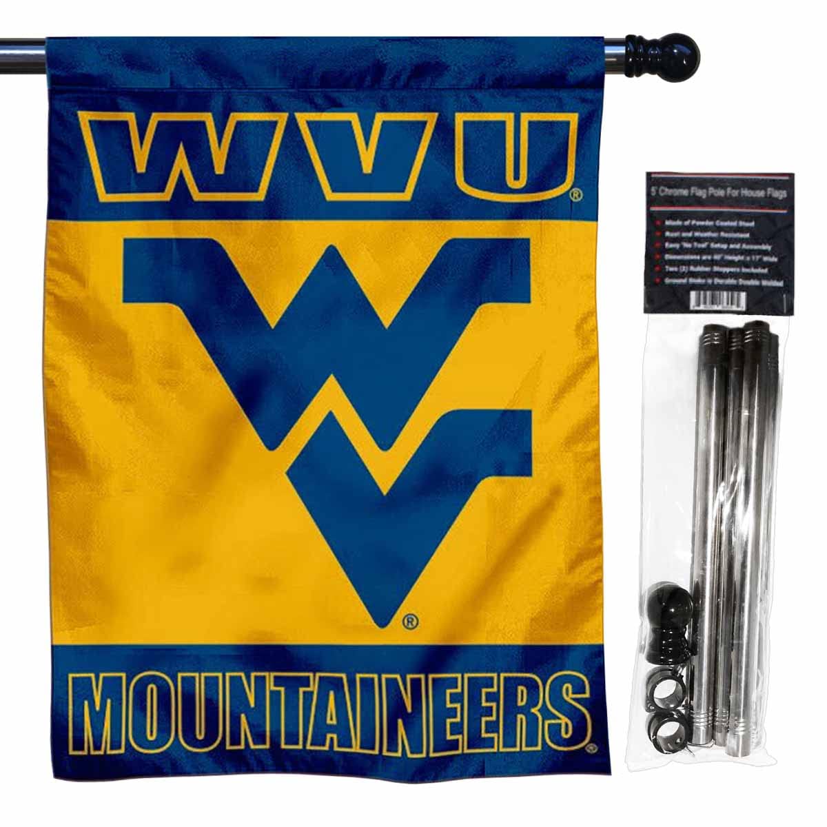 West Virginia Mountaineers Double Sided House Flag with Flag Pole Set - Sports Collectibles, Sports Memorabilia, Sports Fan Shop, Sports Gifts