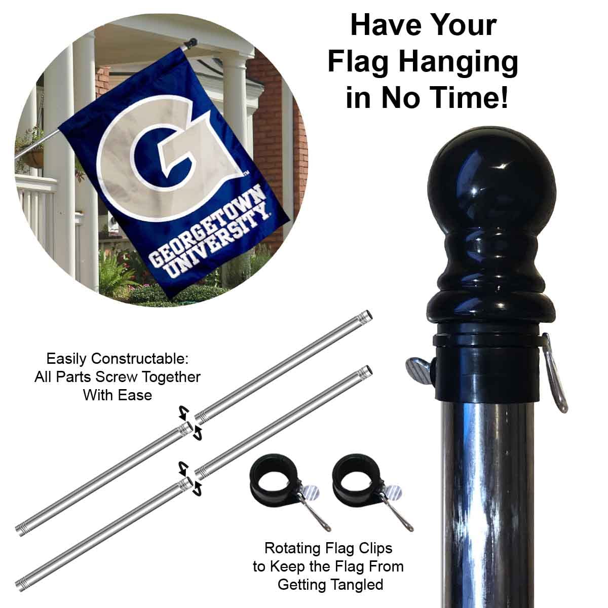 College Flags & Banners Co. Georgetown Hoyas House Flag with Flag Pole Set - Sports Collectibles, Sports Memorabilia, Sports Fan Shop, Sports Gifts