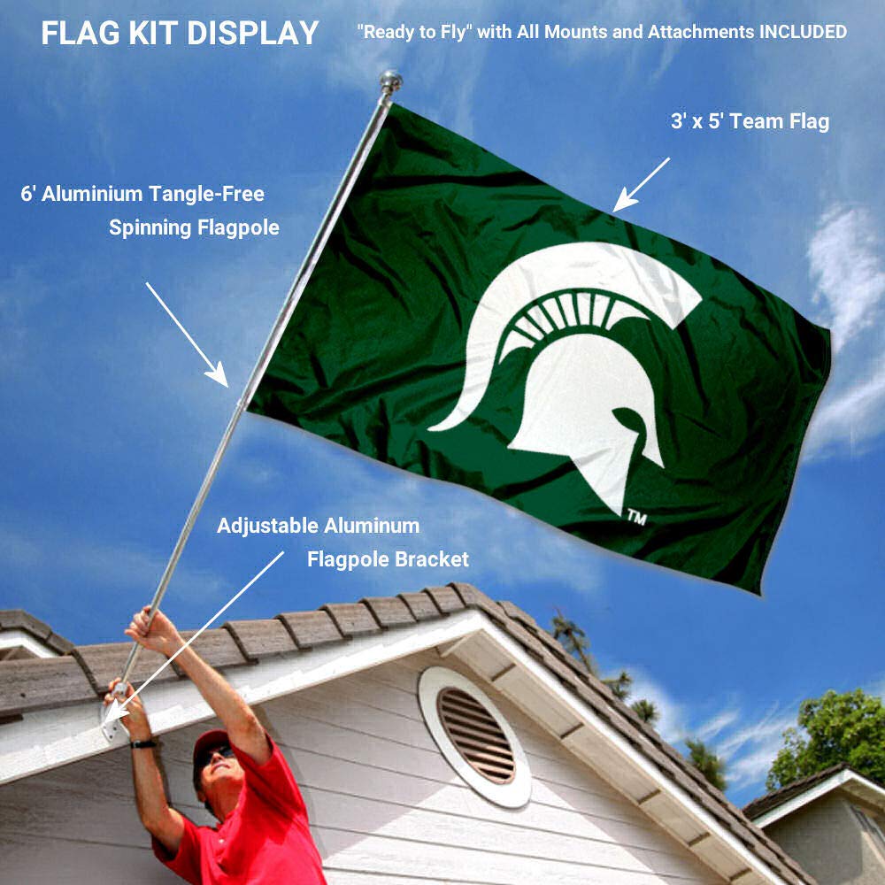 College Flags & Banners Co. Michigan State Spartans Spartan Head Flag with Pole and Bracket Complete Set - Sports Collectibles, Sports Memorabilia, Sports Fan Shop, Sports Gifts