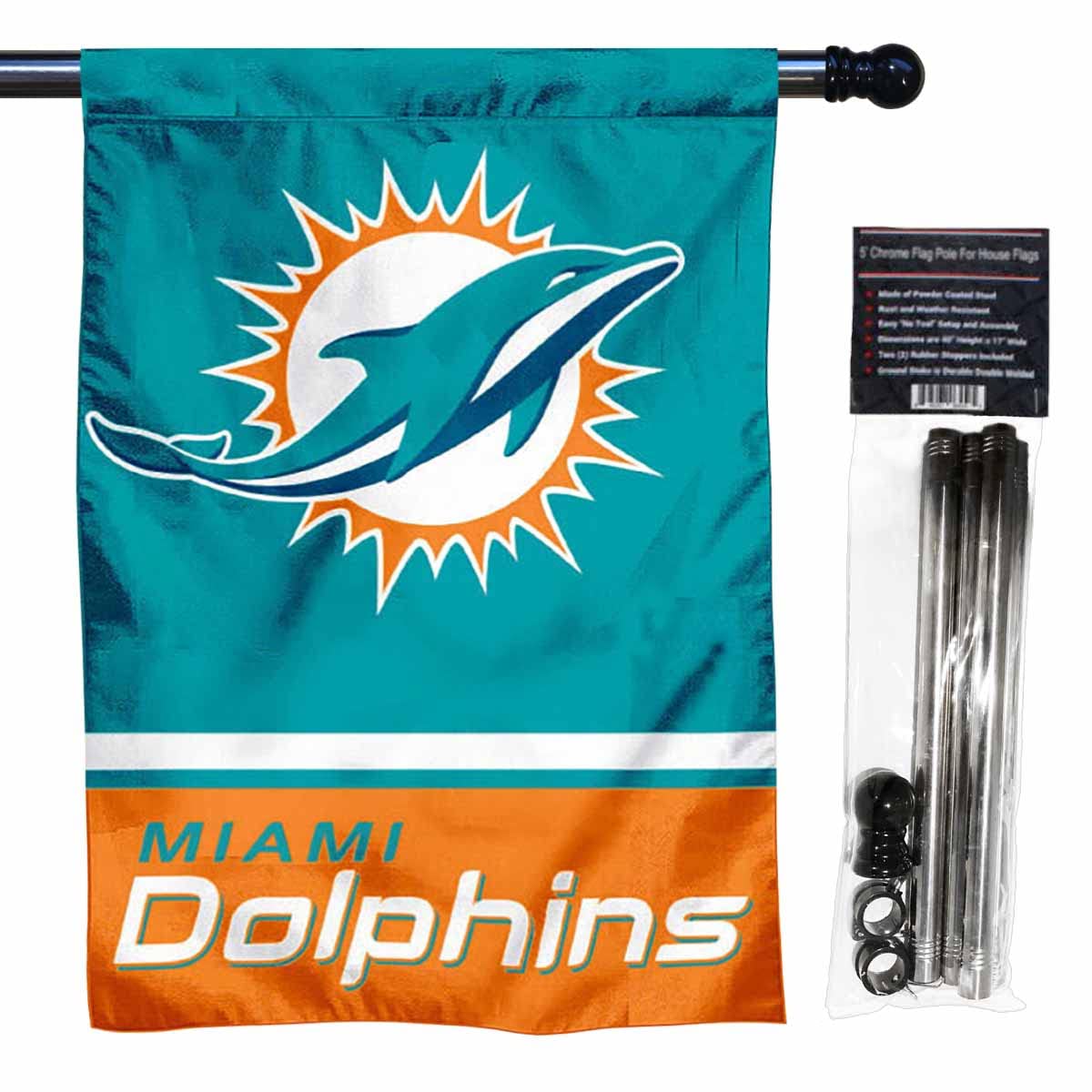 WinCraft Dolphins Banner House Flag and 5 Foot Flagpole Set - Sports Collectibles, Sports Memorabilia, Sports Fan Shop, Sports Gifts
