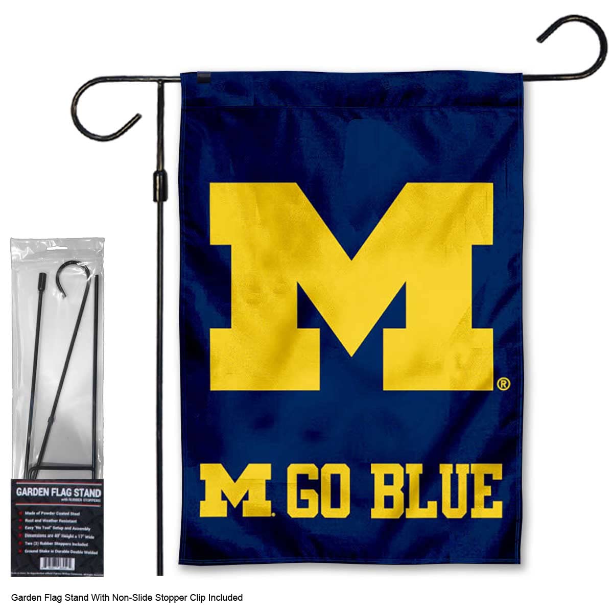 Michigan Team University Wolverines Go Blue Garden Banner Flag with Stand Pole Holder - Sports Collectibles, Sports Memorabilia, Sports Fan Shop, Sports Gifts