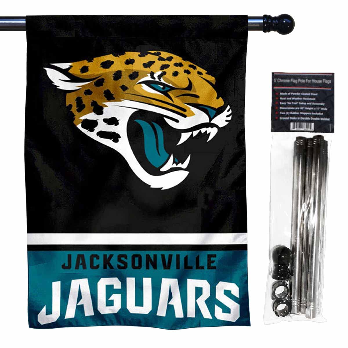 WinCraft Jaguars Banner House Flag and 5 Foot Flagpole Set - Sports Collectibles, Sports Memorabilia, Sports Fan Shop, Sports Gifts