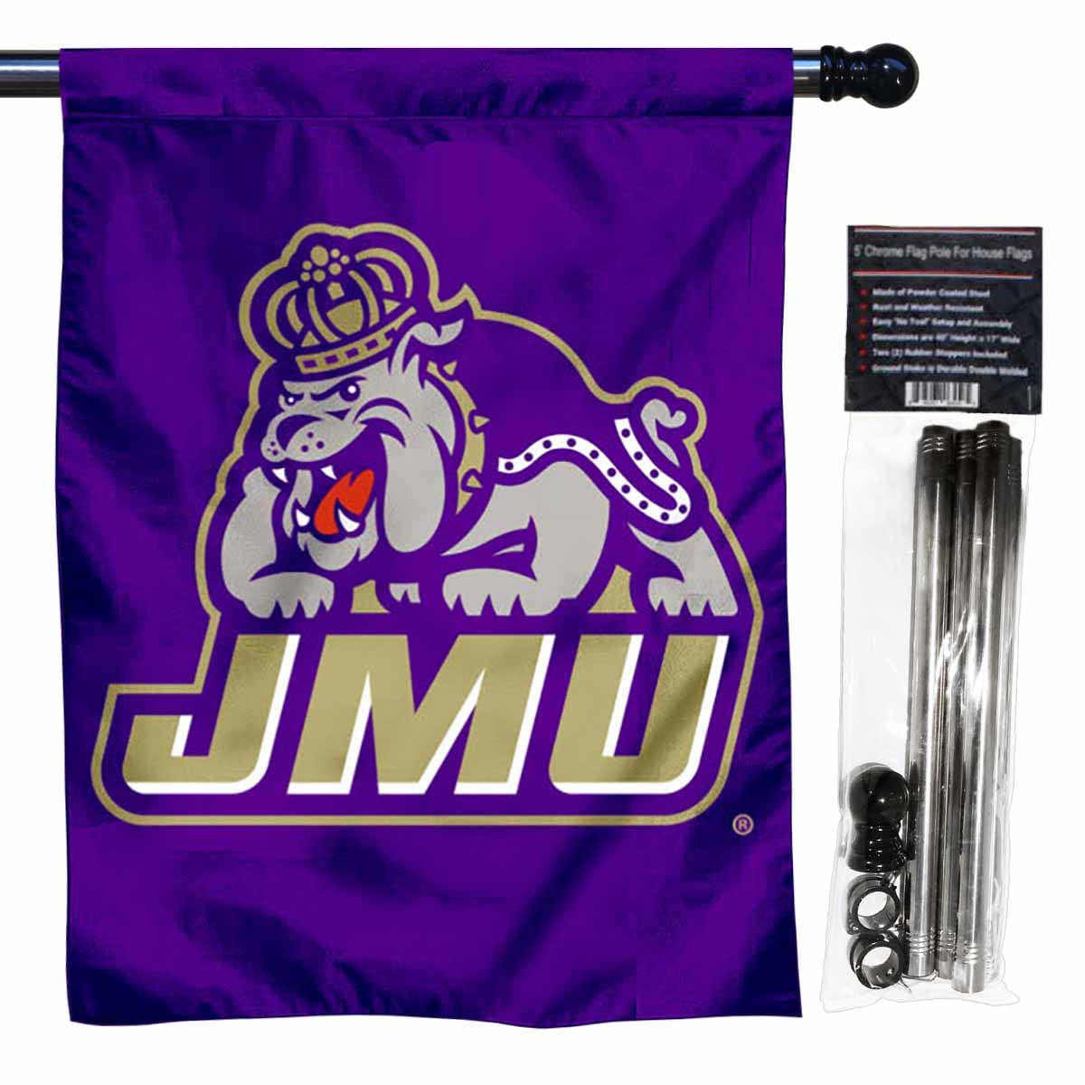 College Flags & Banners Co. James Madison Dukes New Logo Double Sided House Flag with Flag Pole Set - Sports Collectibles, Sports Memorabilia, Sports Fan Shop, Sports Gifts