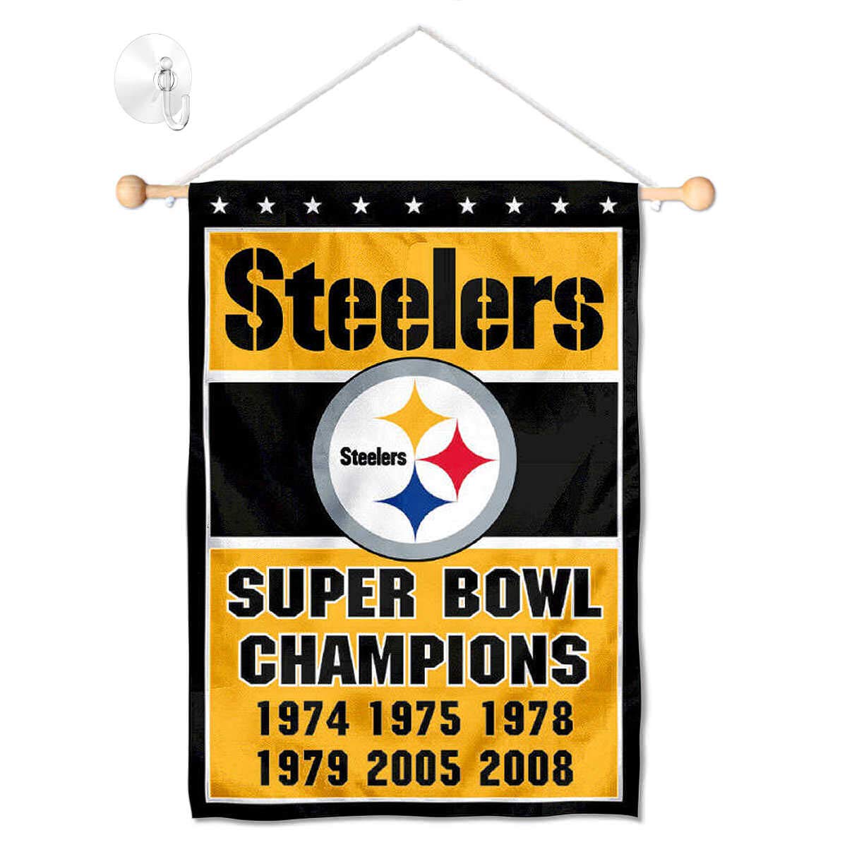 Pittsburgh Steelers 6 Time Champions Banner Window Wall Hanging Flag with Suction Cup - Sports Collectibles, Sports Memorabilia, Sports Fan Shop, Sports Gifts
