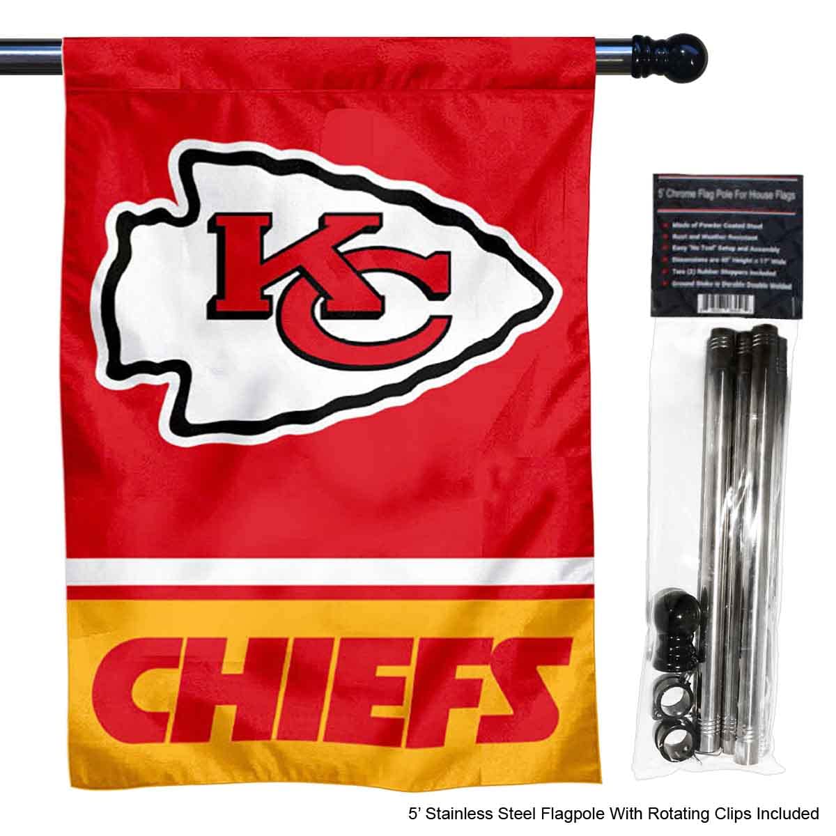 WinCraft Chiefs Banner House Flag and 5 Foot Flagpole Set - Sports Collectibles, Sports Memorabilia, Sports Fan Shop, Sports Gifts