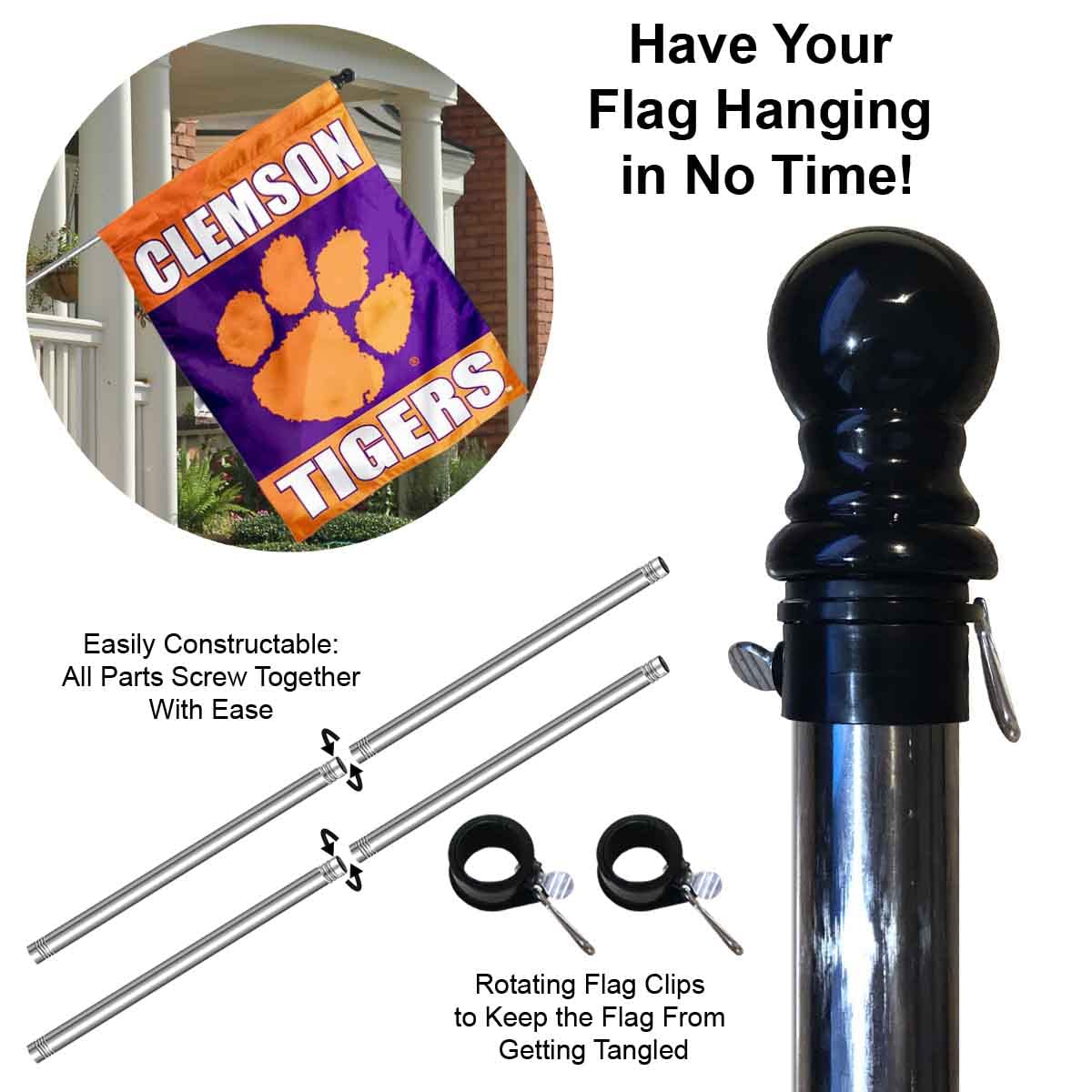 Clemson Two Sided House Flag with Flag Pole Set - Sports Collectibles, Sports Memorabilia, Sports Fan Shop, Sports Gifts