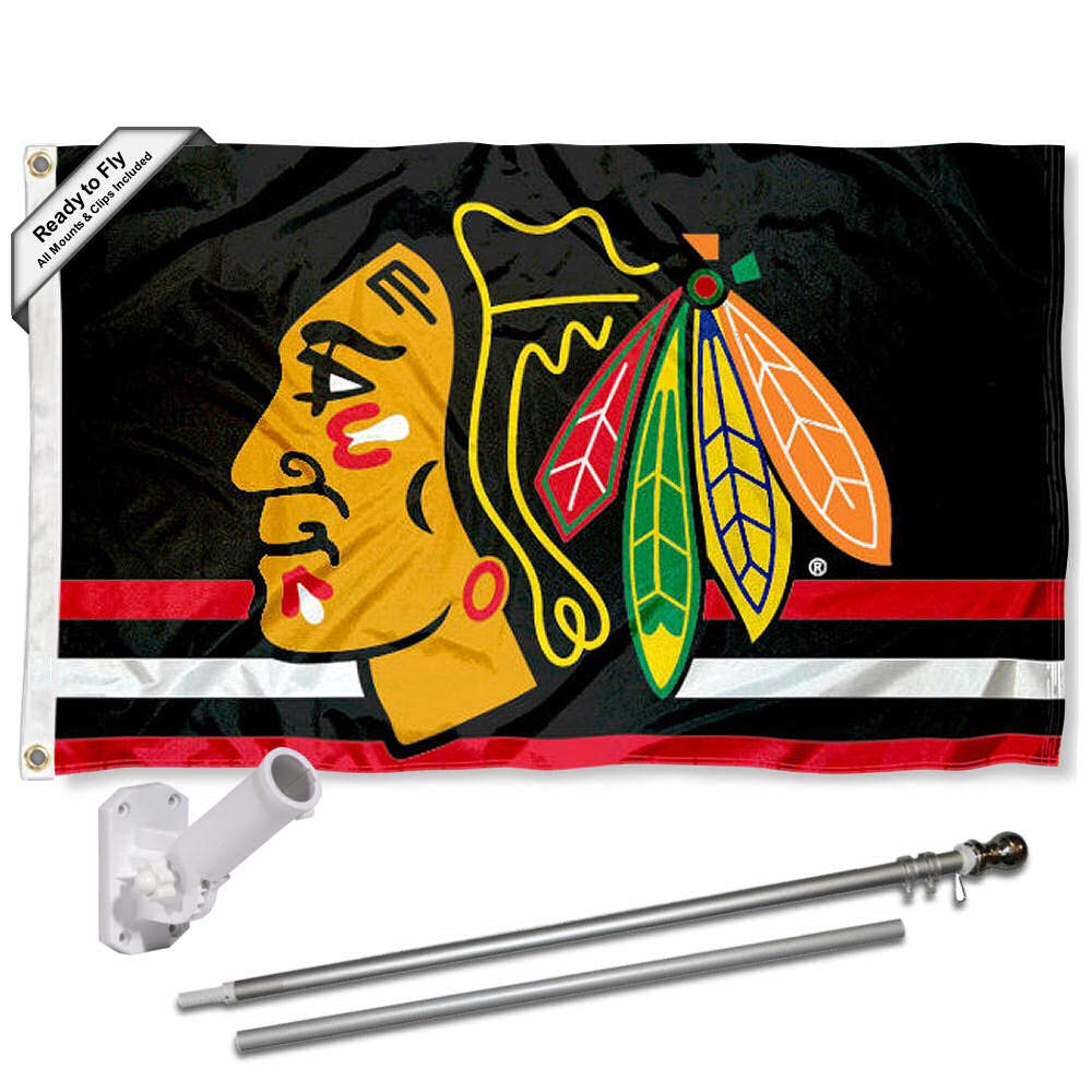 WinCraft Chicago Blackhawks Black Flag Pole and Bracket Set - Sports Collectibles, Sports Memorabilia, Sports Fan Shop, Sports Gifts