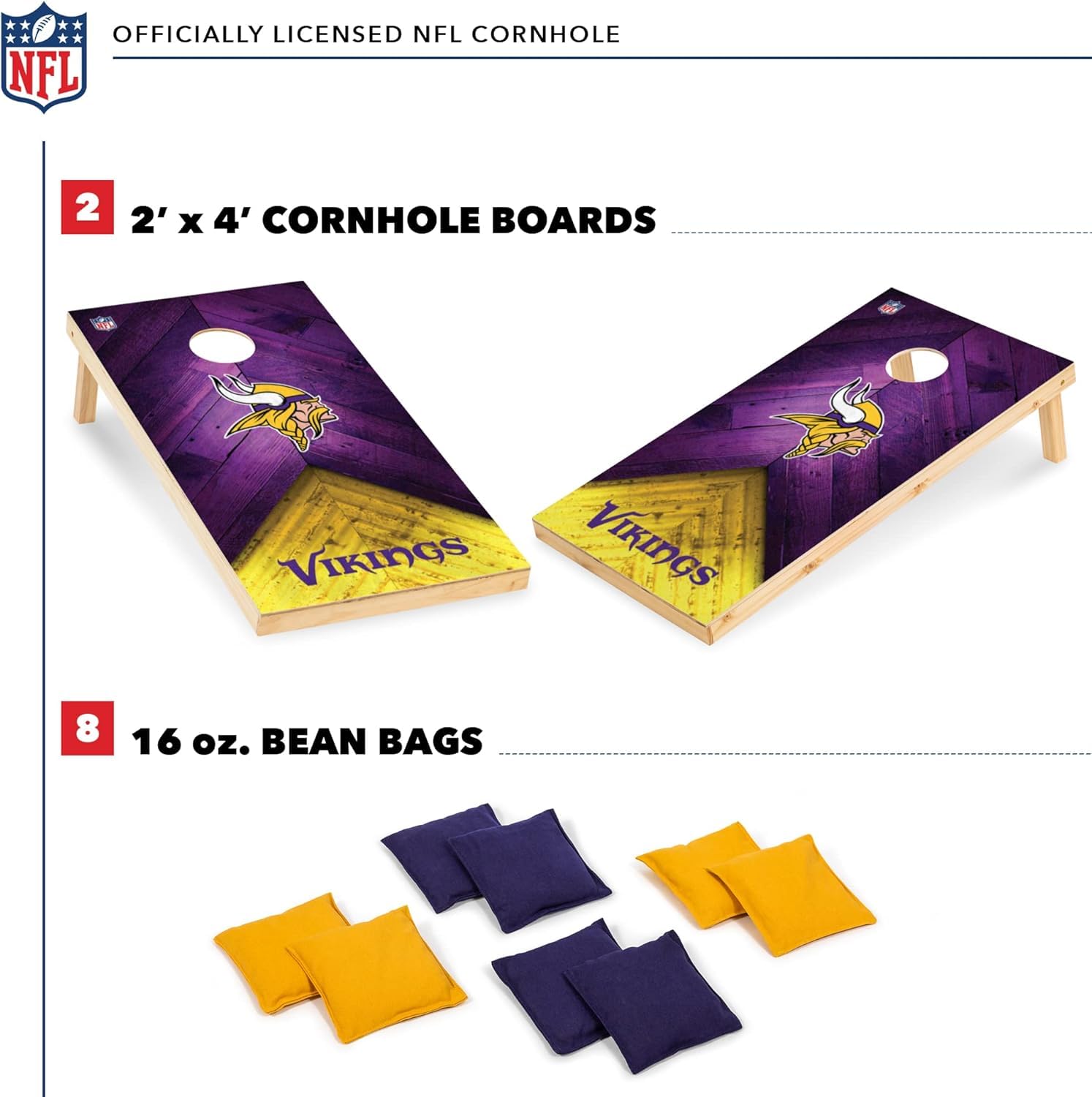 Wild Sports NFL Minnesota Vikings 2' x 4' Regulation Size Solid Wood Cornhole Set with Direct Print HD Team Graphics - Sports Collectibles, Sports Memorabilia, Sports Fan Shop, Sports Gifts